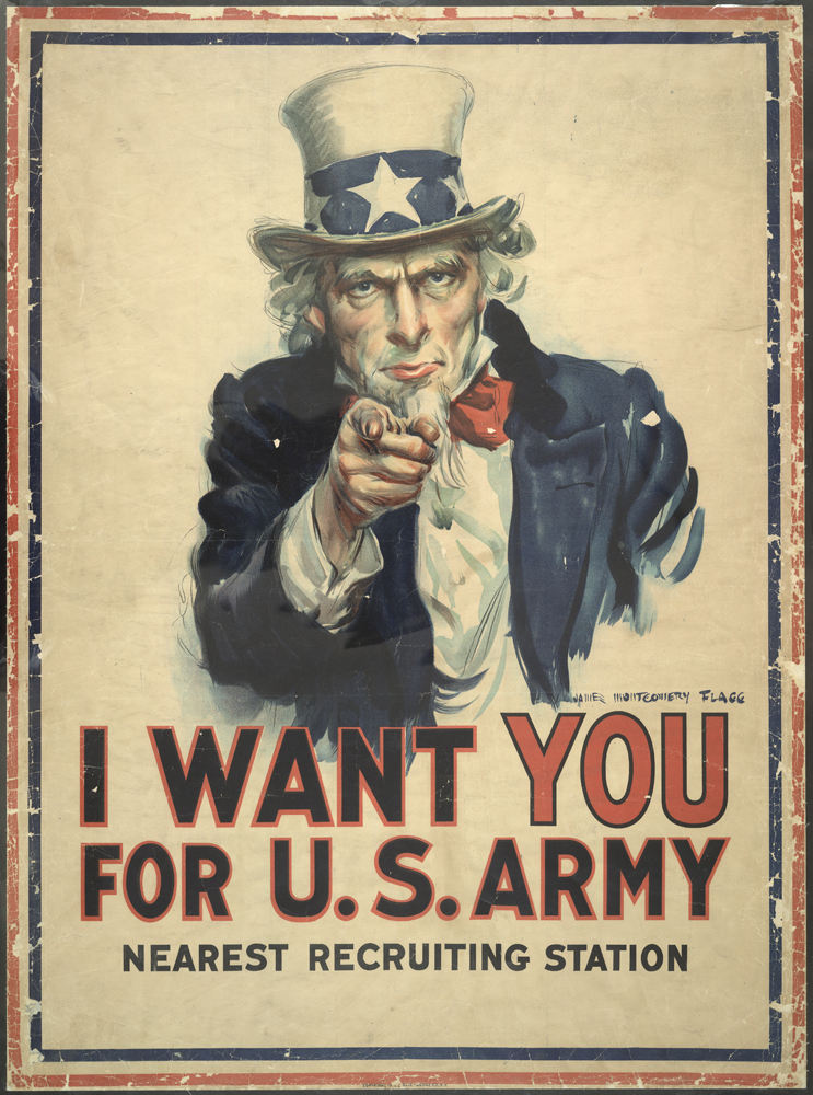 "I Want You . . ." World War I recruitment poster; James Montgomery Flagg, artist.