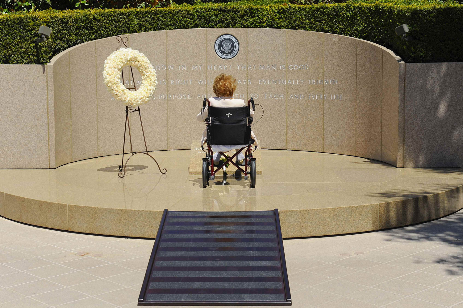 Former first lady of the United States Nancy Reagan visits the grave site of her husband, former U.S. President Ronald Wilson Reagan, at the Ronald Reagan Presidential Library on the 10th anniversary of his passing, in Simi Valley