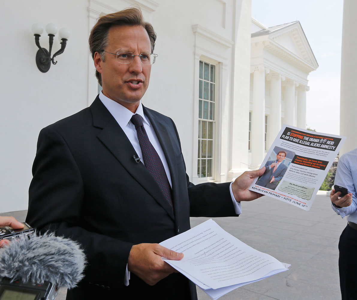 Seventh District US Congressional Republican candidate David Brat at a press conference in Richmond, Va., May 28, 2014. Brat, a relative unknown, defeated House Majority Leader Eric Cantor in a GOP primary, June 10, 2014. (Steve Helber—AP)