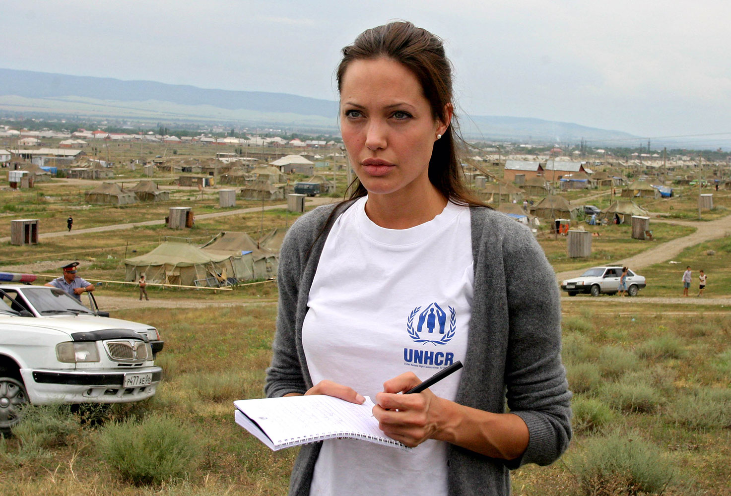 Actress Angelina Jolie visits Bella refugee camp Aug. 22, 2003 in Ingushetia, near the Chechen border in Russia's North Caucasus region.