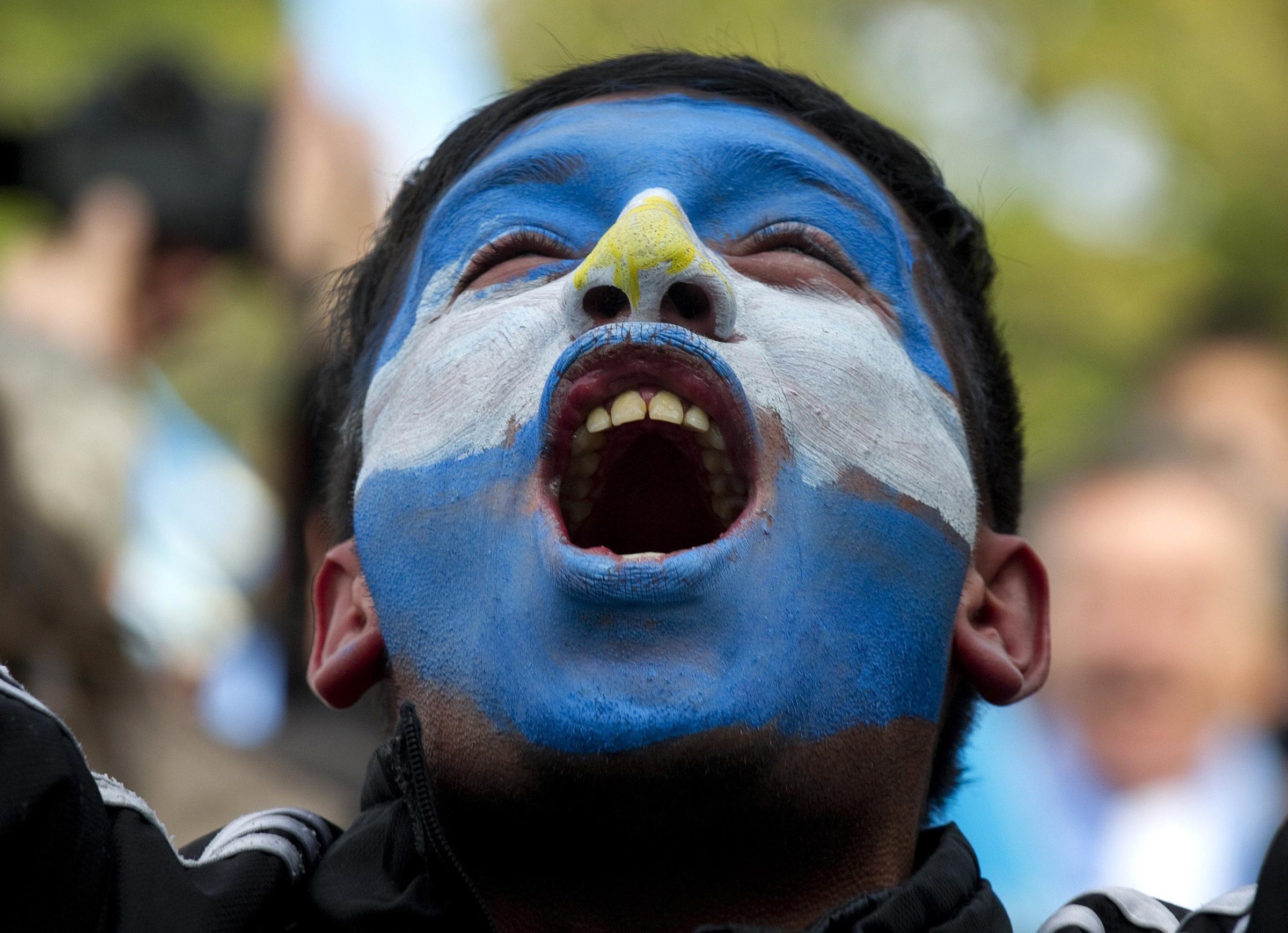 An Argentine fan celebrates while watching the match against Nigeria on a big screen at San Martin Square, in Buenos Aires on June 25, 2014.