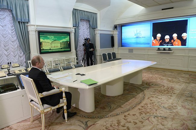 President of Russia Vladimir Putin holds a video conference with Berkut oil rig, which was put into operation as part of the oil and gas project Sakhalin 1 on June 27, 2014 in Moscow.