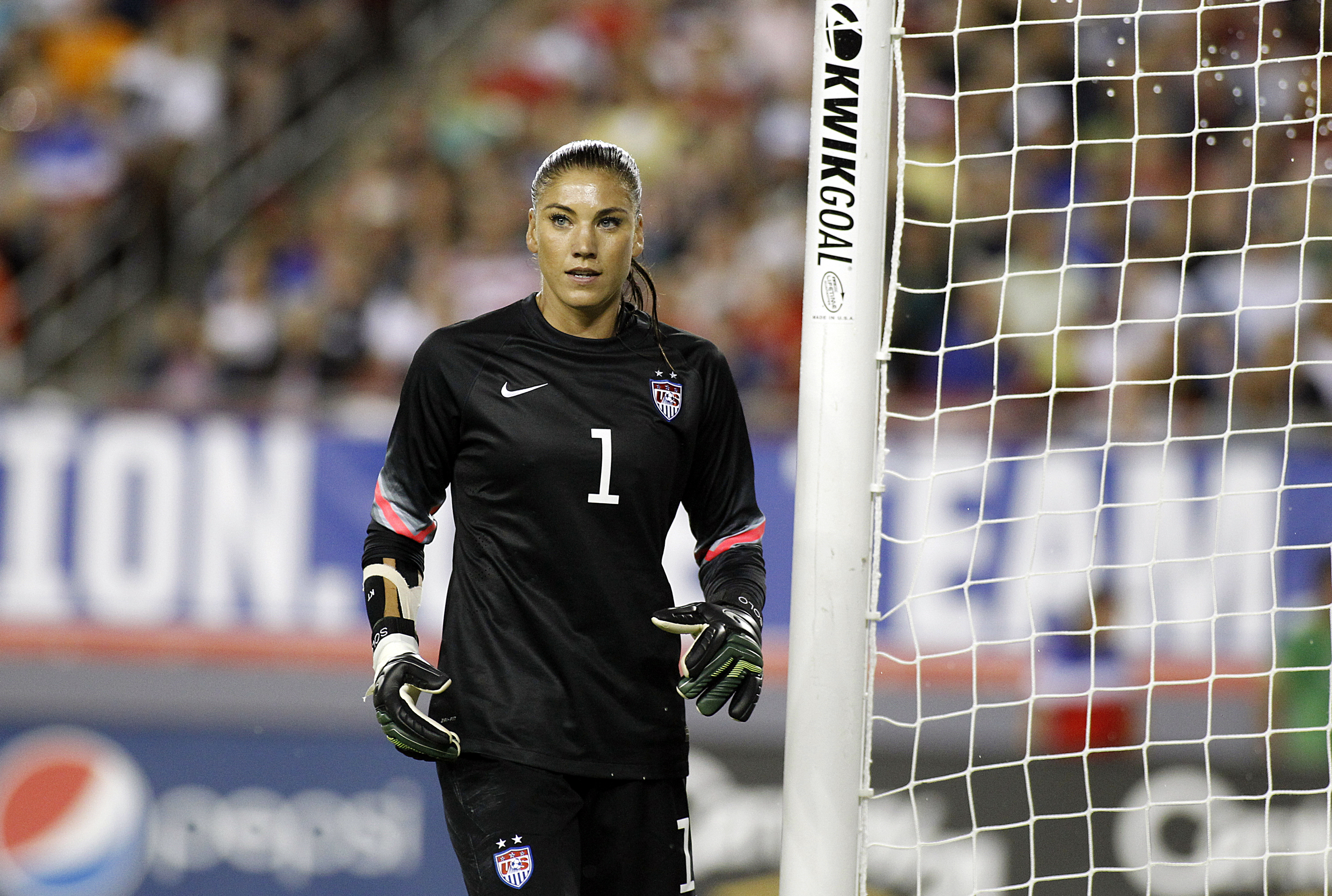 Goalkeeper Hope Solo takes her position in goal during the second half of a women's friendly soccer match against France on June 14, 2014 at Raymond James Stadium in Tampa, Florida. (Brian Blanco&amp;mdash;Getty Images)