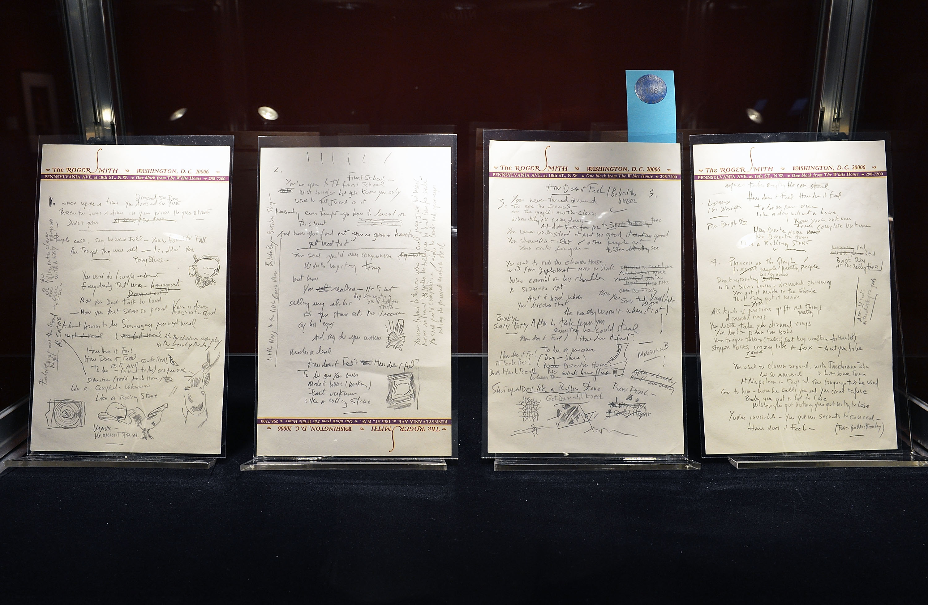 The most popular manuscript ever to apper at auction, Bob Dylan's original hand written lyrics for the 1965 epic "Like A Rolling Stones", shown at Sotheby's on June 20, 2014 in New York City. (Slaven Vlasic—Getty Images)