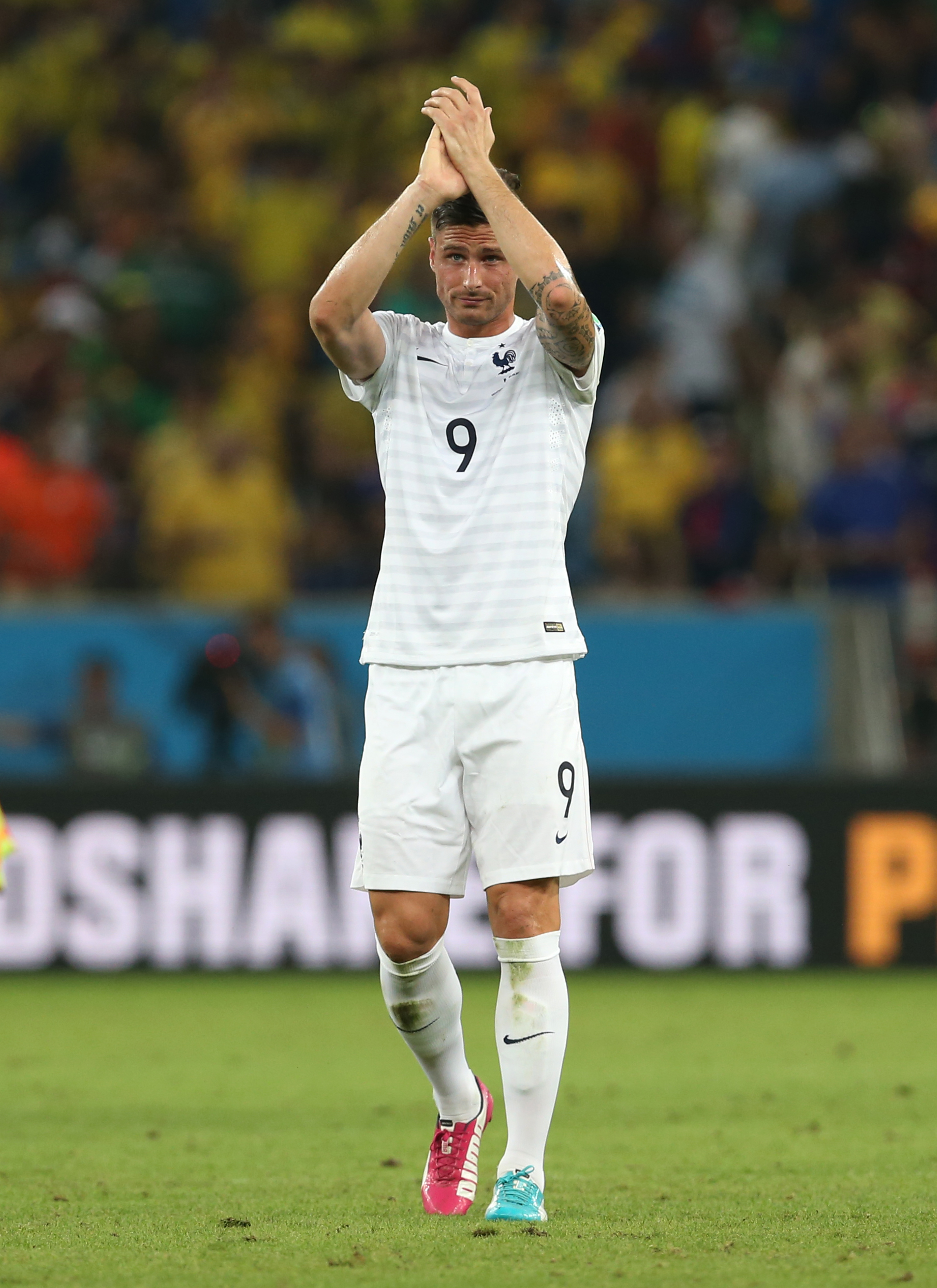 Olivier Giroud of France applauds during the 2014 FIFA World Cup Brazil Group E match between Ecuador and France (Ian MacNicol&mdash;Getty Images)