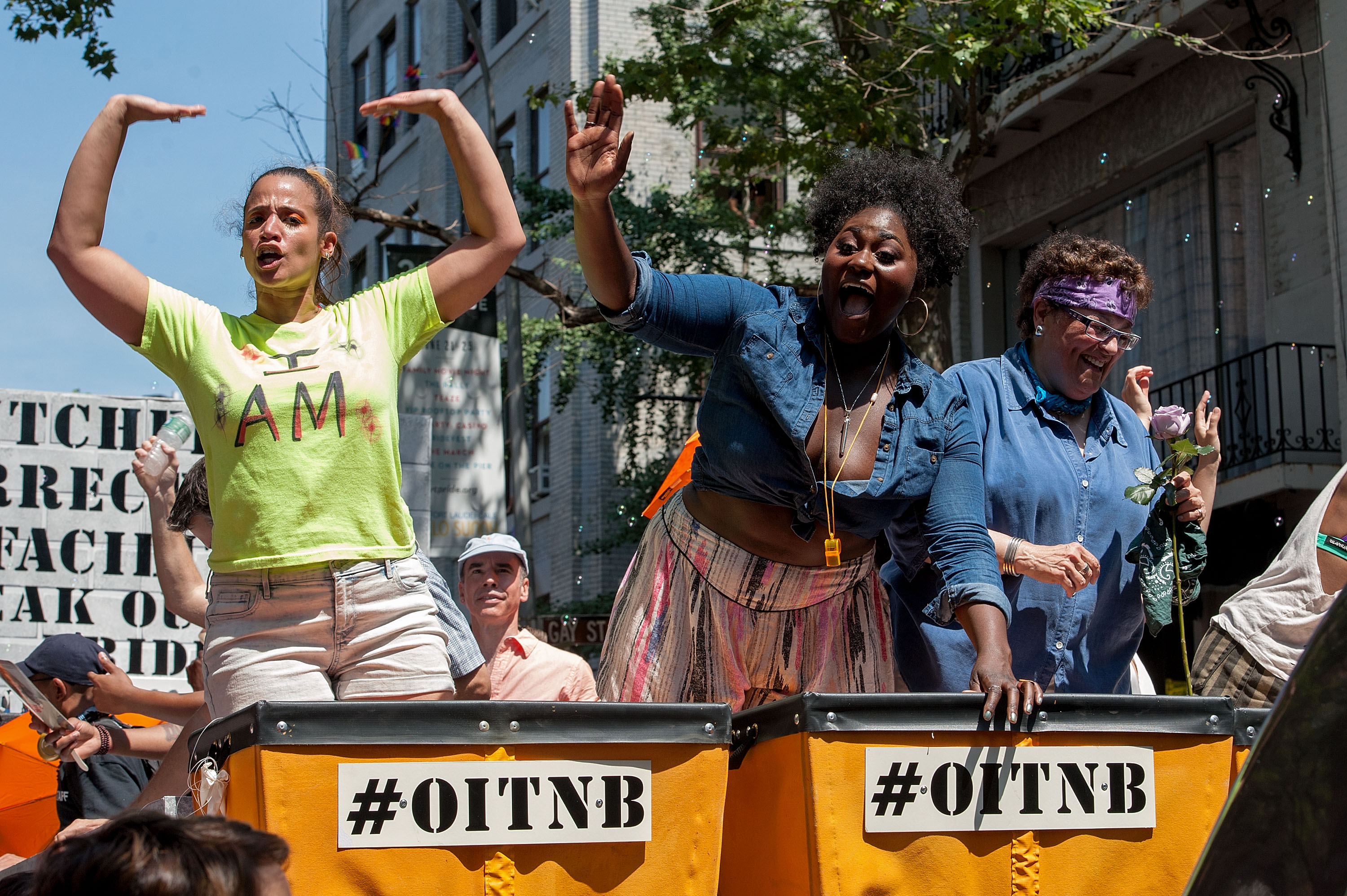From left, <i>Orange Is the New Black</i> cast members Dascha Polanco, Danielle Brooks and Barbara Rosenblat attend the New York City pride march on June 29, 2014 (D Dipasupil—Getty Images)