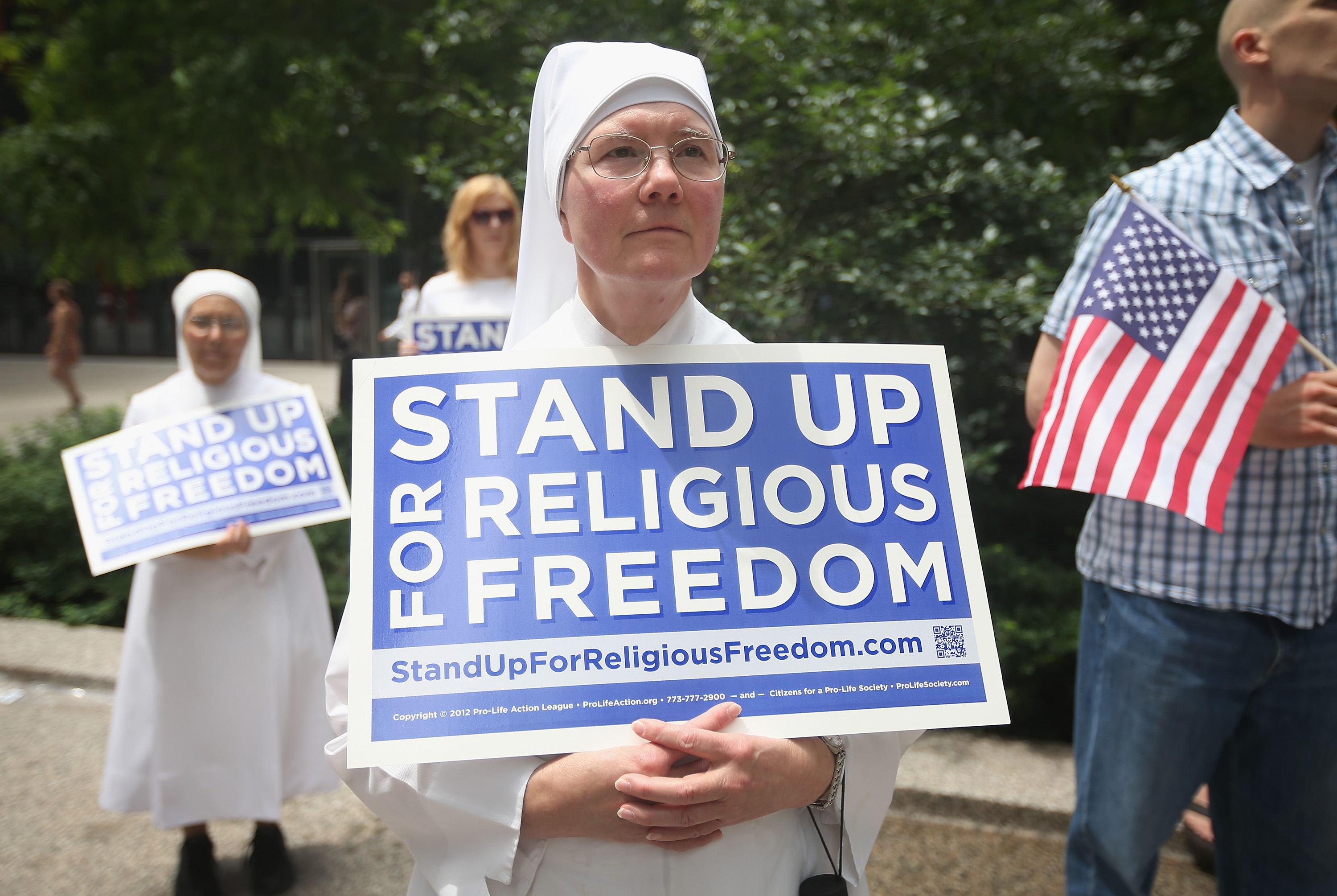 Sister Caroline attends a rally with other supporters of religious freedom to praise the Supreme Court's decision in the Hobby Lobby, contraception coverage requirement case on June 30, 2014 in Chicago, Illinois. (Scott Olson&mdash;Getty Images)