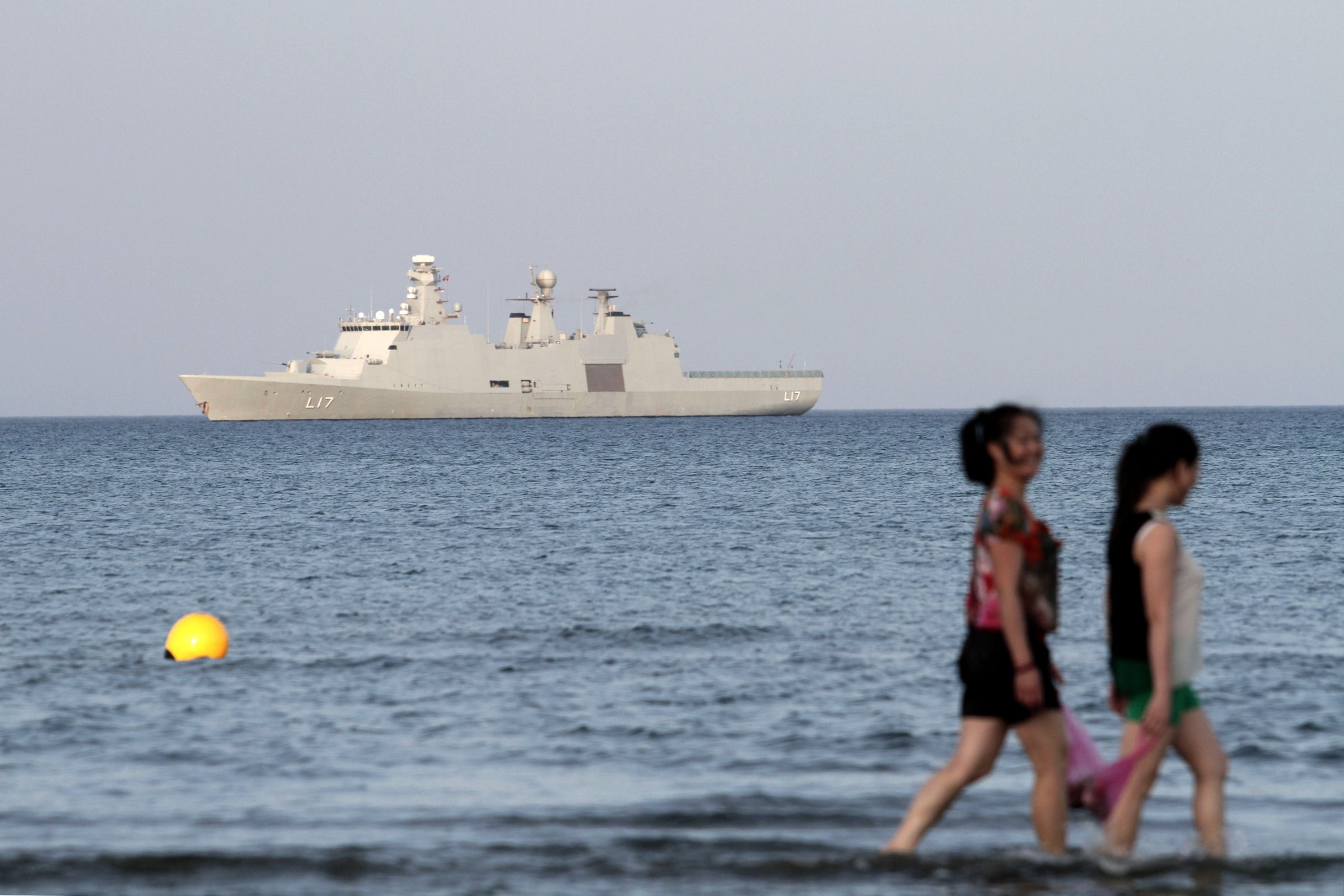 Danish navy vessel HDMS Esbern Snare leads the Danish-Norwegian-British task force in the OPCW program outside southern Cypriot coastal town of Larnaca on May 13, 2014