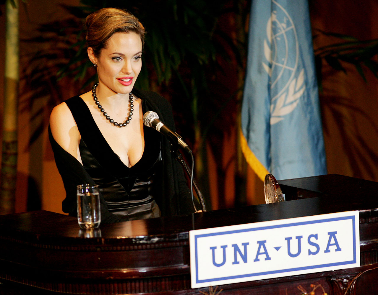 Angelina Jolie accepts the Global Humanitarian Award at the United Nations Association of the United States of America annual gala dinner at the Waldorf Astoria Hotel Oct. 11, 2005 in New York.