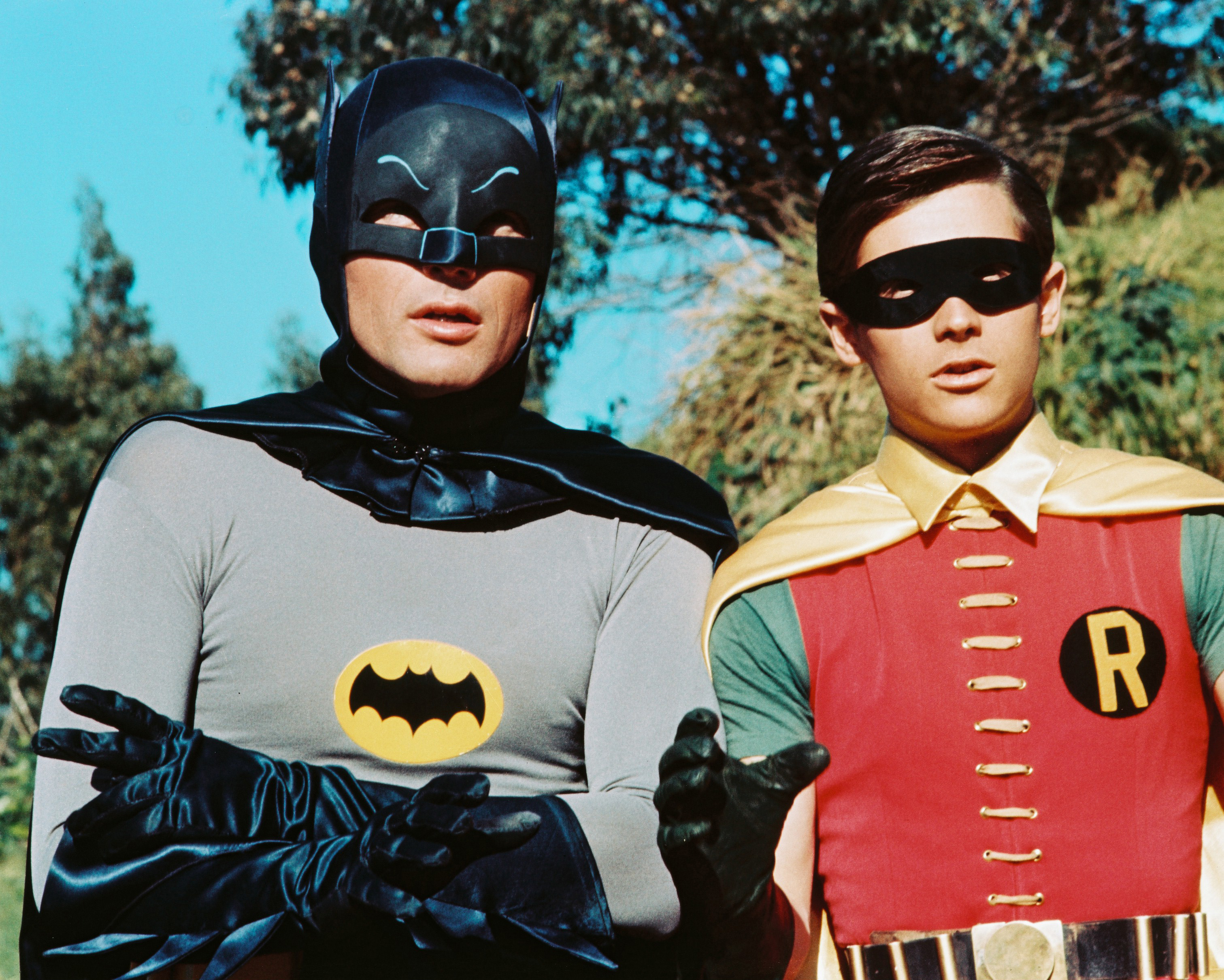 American actors Adam West as Bruce Wayne/Batman and Burt Ward as Dick Grayson/Robin in the TV series <i>Batman</i>, circa 1966 (Silver Screen Collection&mdash;Getty Images)