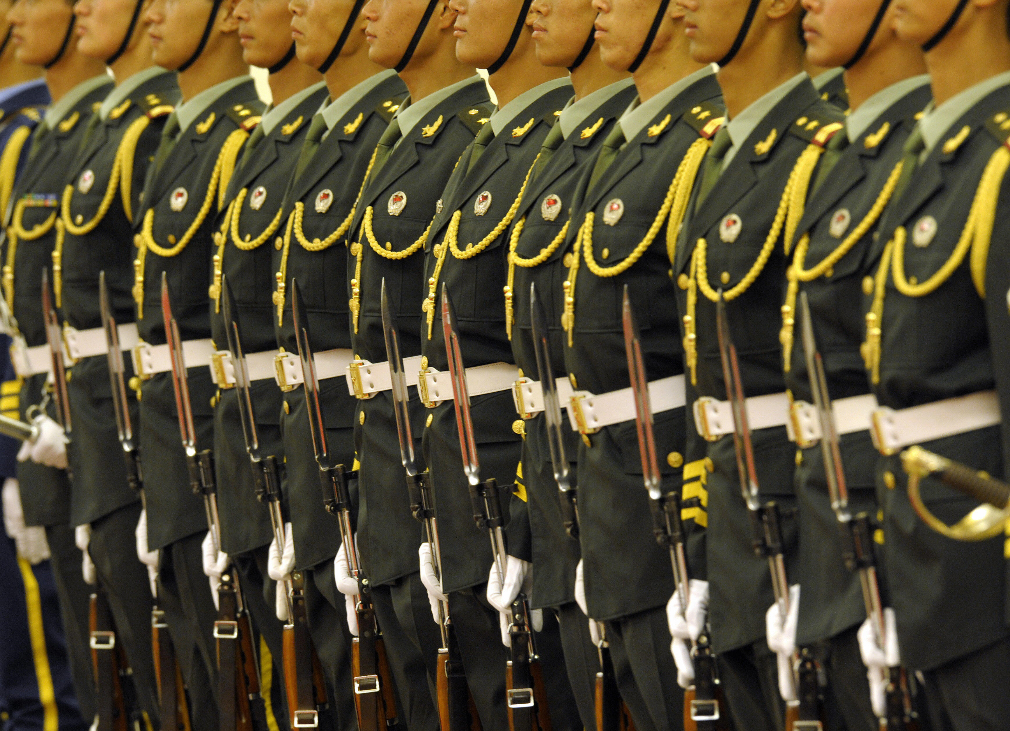 Chinese People's Liberation Army's honor guards line up during a welcome ceremony for Turkish President Abdullah Gul at the Great Hall of the People in Beijing on June 25, 2009. (Liu Jin—AFP/Getty Images)
