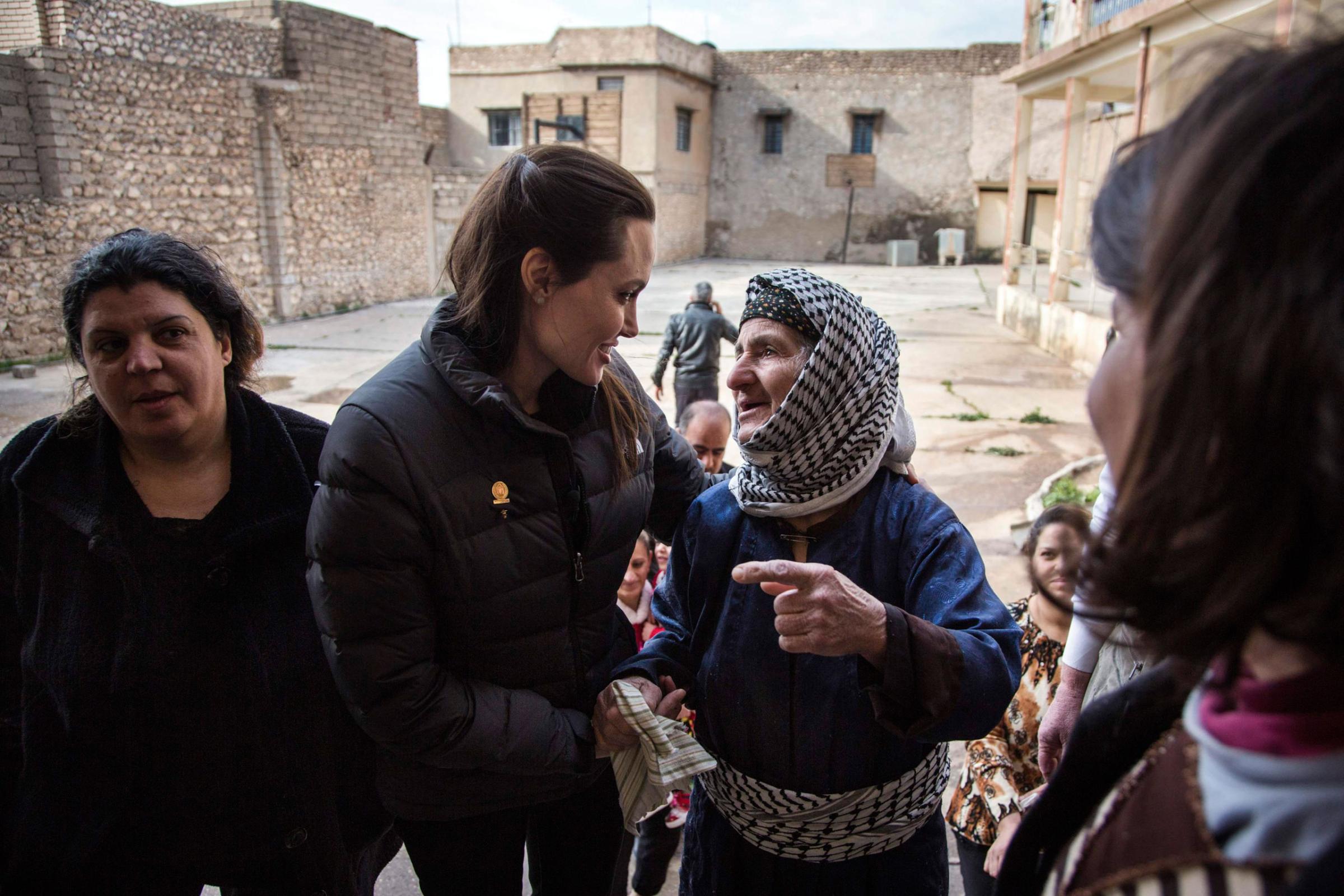 United Nations High Commissioner for Refugees (UNHCR) Special Envoy Angelina Jolie meets displaced Iraqis who are members of the minority Christian community, living in an abandoned school in Al Qosh, northern Iraq on Jan. 26, 2015.