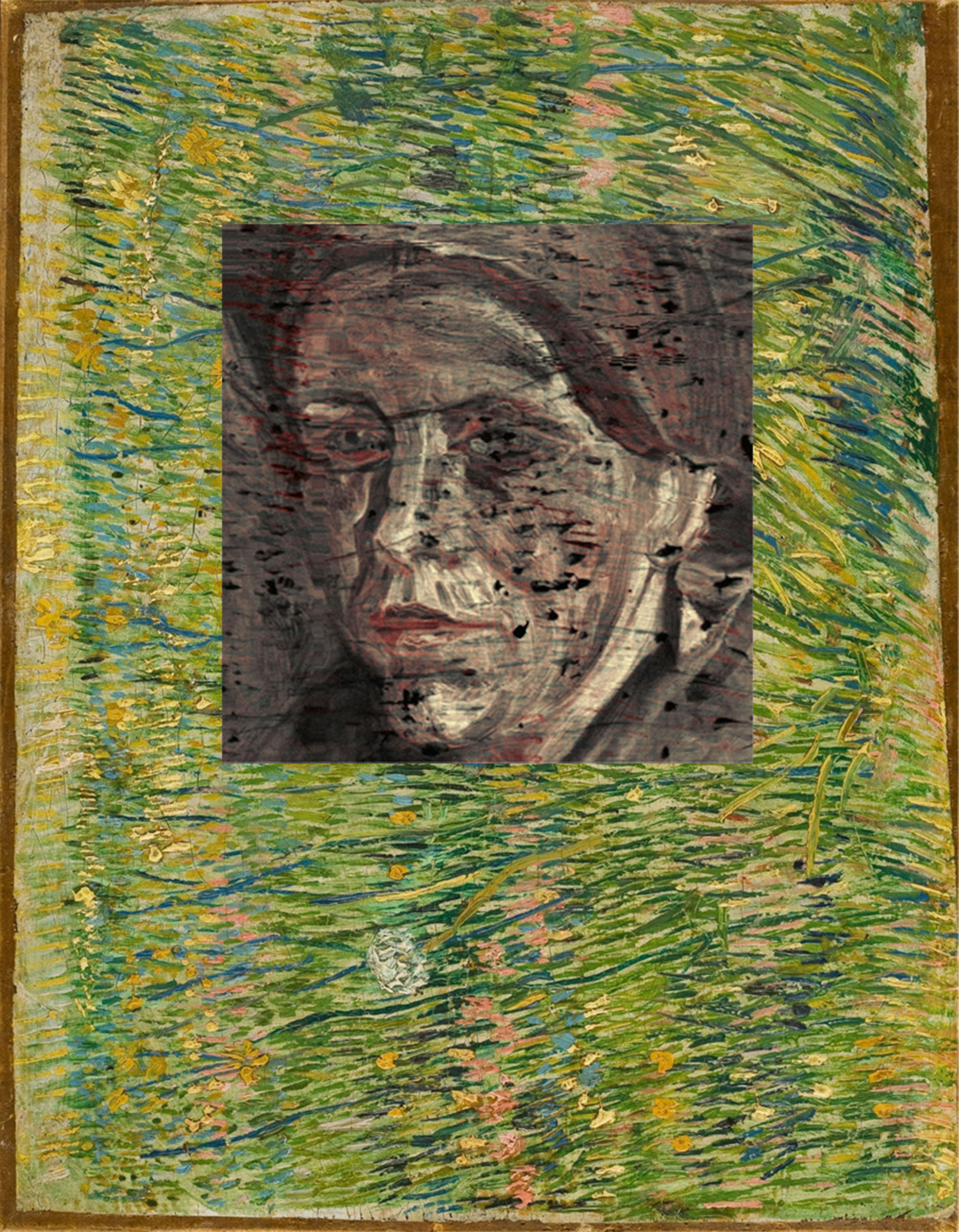In this composite photograph, a hidden portrait under the Vincent van Gogh painting ''Patch of Grass'' from 1887, is seen. (Delft University of Technology/AP)