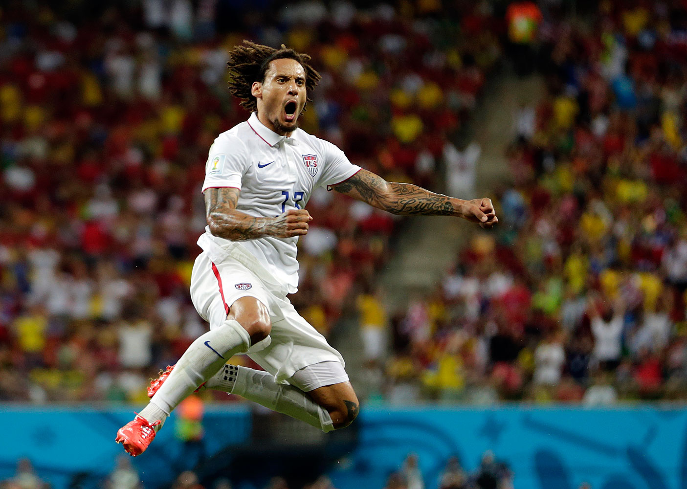 Jermaine Jones celebrates after scoring during a Group G match between U.S. and Portugal at the 2014 FIFA World Cup at the Arena Amazonia Stadium in Manaus, Brazil on June 22, 2014.