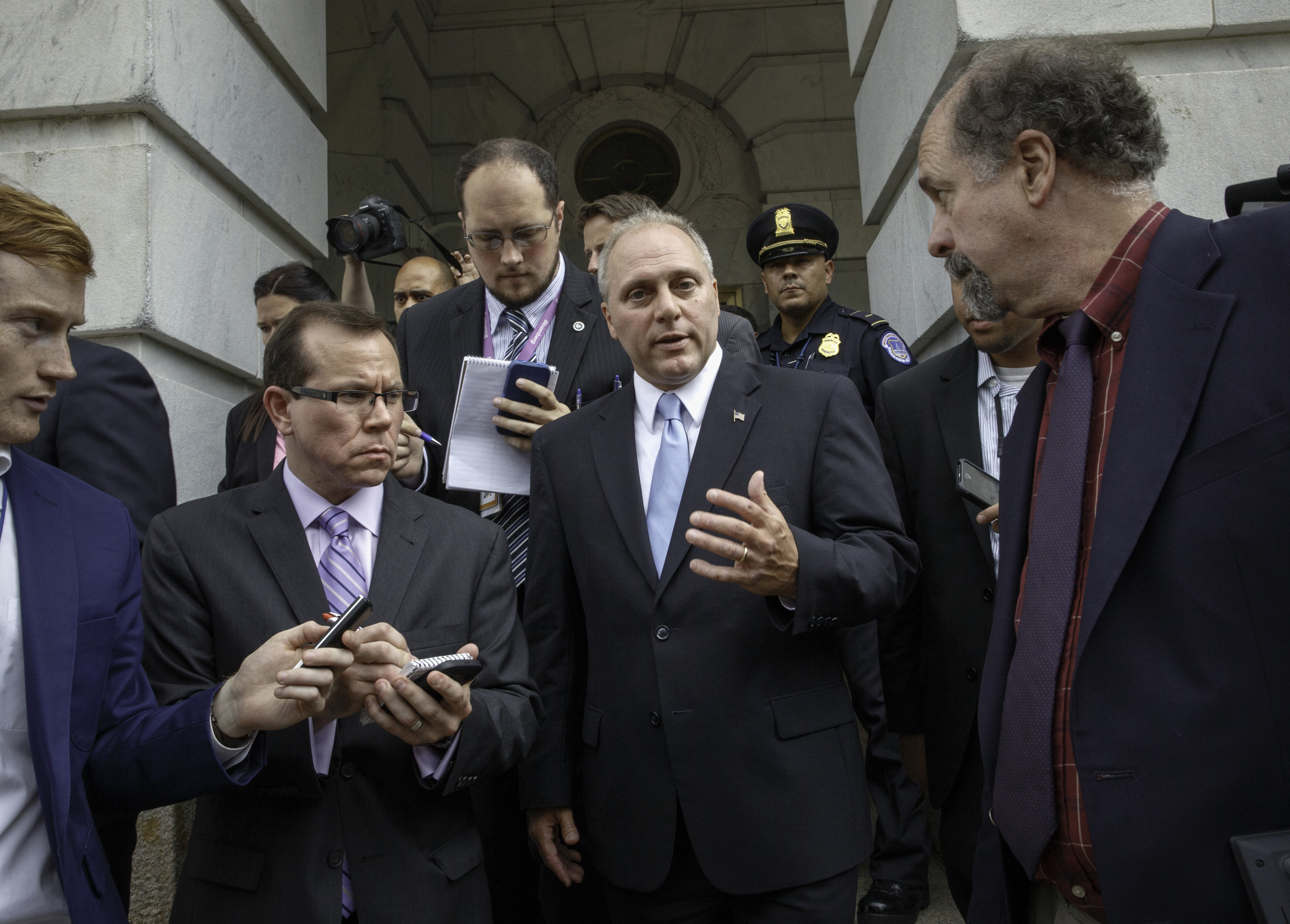 Rep. Steve Scalise, R-La., who leads a conservative faction of lawmakers in the Republican Study Committee, speaks with reporters on Capitol Hill in Washington, Thursday, June 19, 2014, after the House Republican Conference elected him to be the new House majority whip. (J. Scott Applewhite—AP)