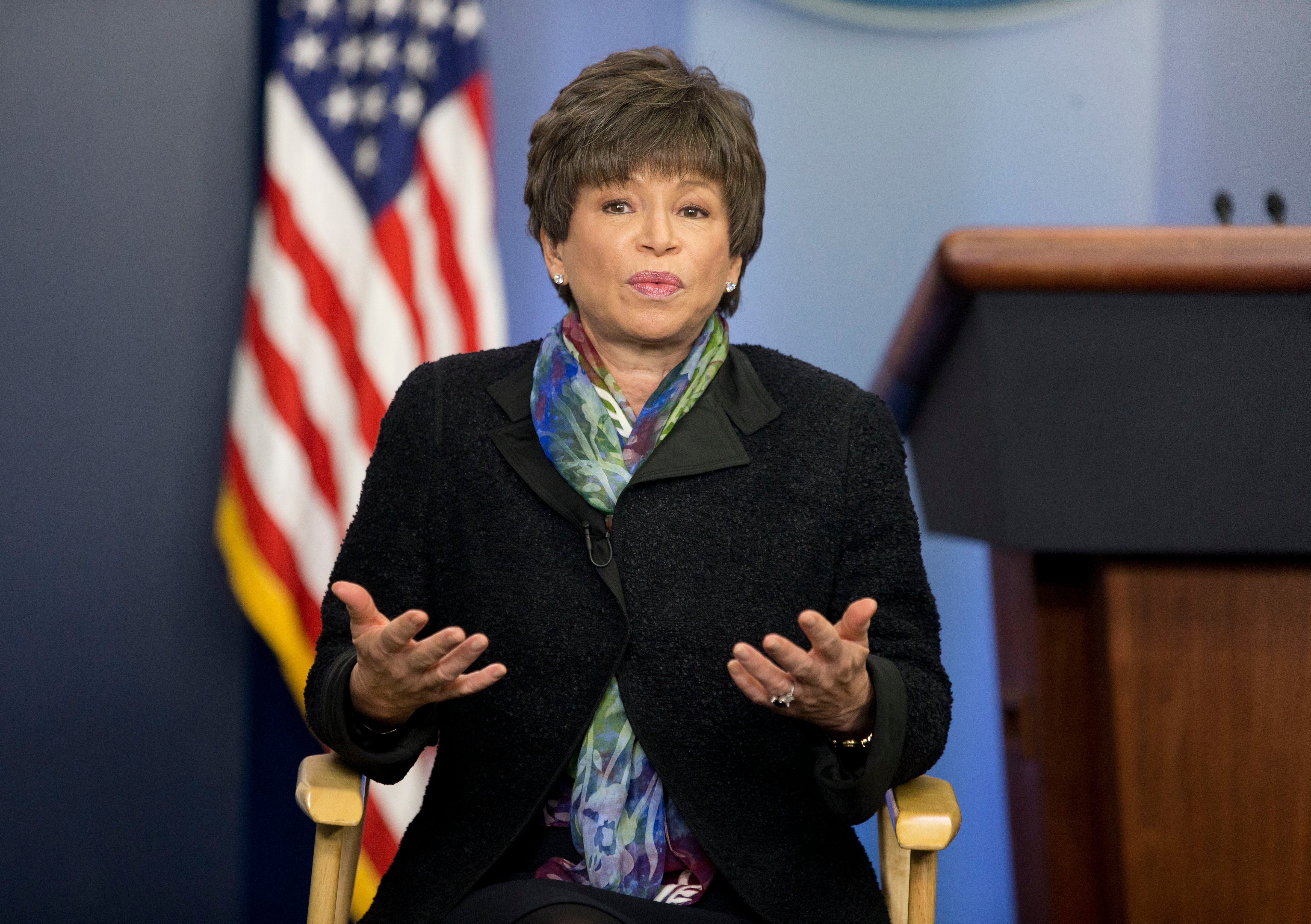 Senior White House adviser Valerie Jarrett speaks during a morning television interview with CBS in the Brady Press Briefing room of the White House in Washington, Wednesday, March 12, 2014. (AP Photo/Pablo Martinez Monsivais) (Pablo Martinez Monsivais/ASSOCIATED PRESS)