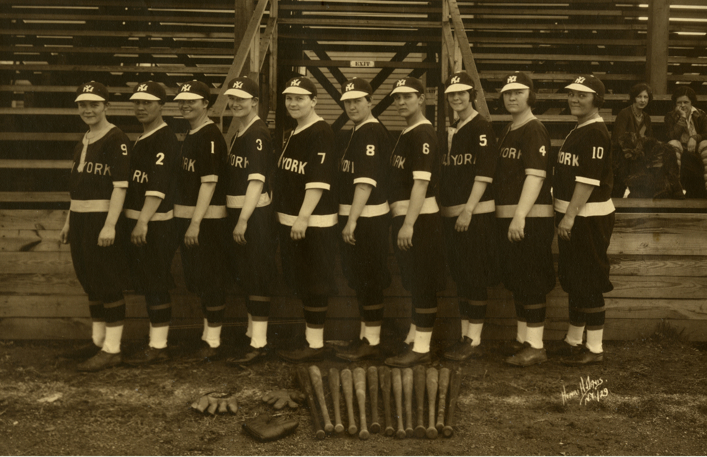 Billed as the  female champions of the world,  Margaret Nabel (far right) and the New York Bloomer Girls promoted their barnstorming tours by sending out team photos such as this picture of the 1929 club.