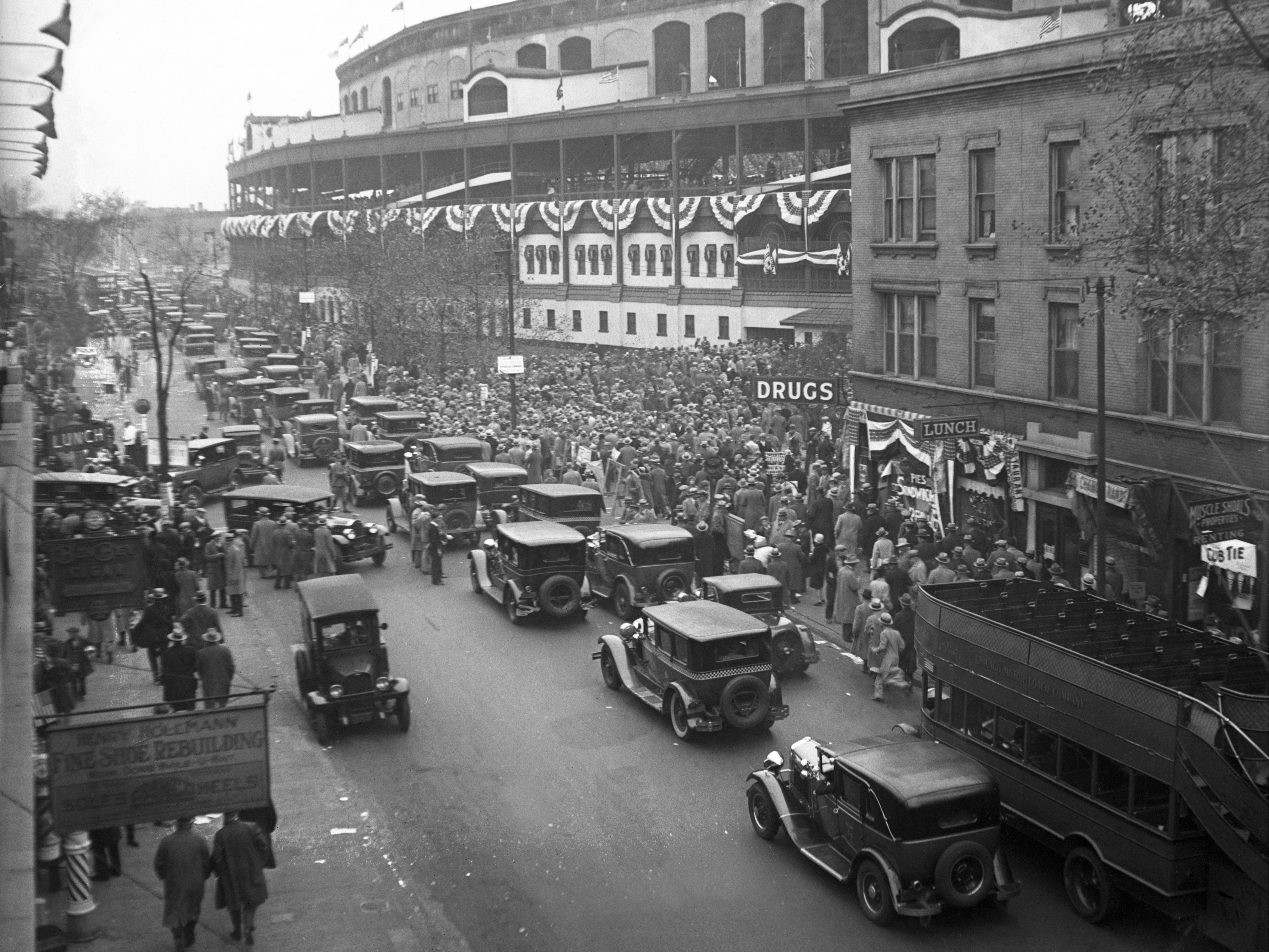 Energized by the first World Series held at Chicago's Wrigley Field, baseball fans crowd the corner of Addison and Sheffield as they await the matchup between the hometown Cubs and the Philadelphia Athletics, Oct. 1929.