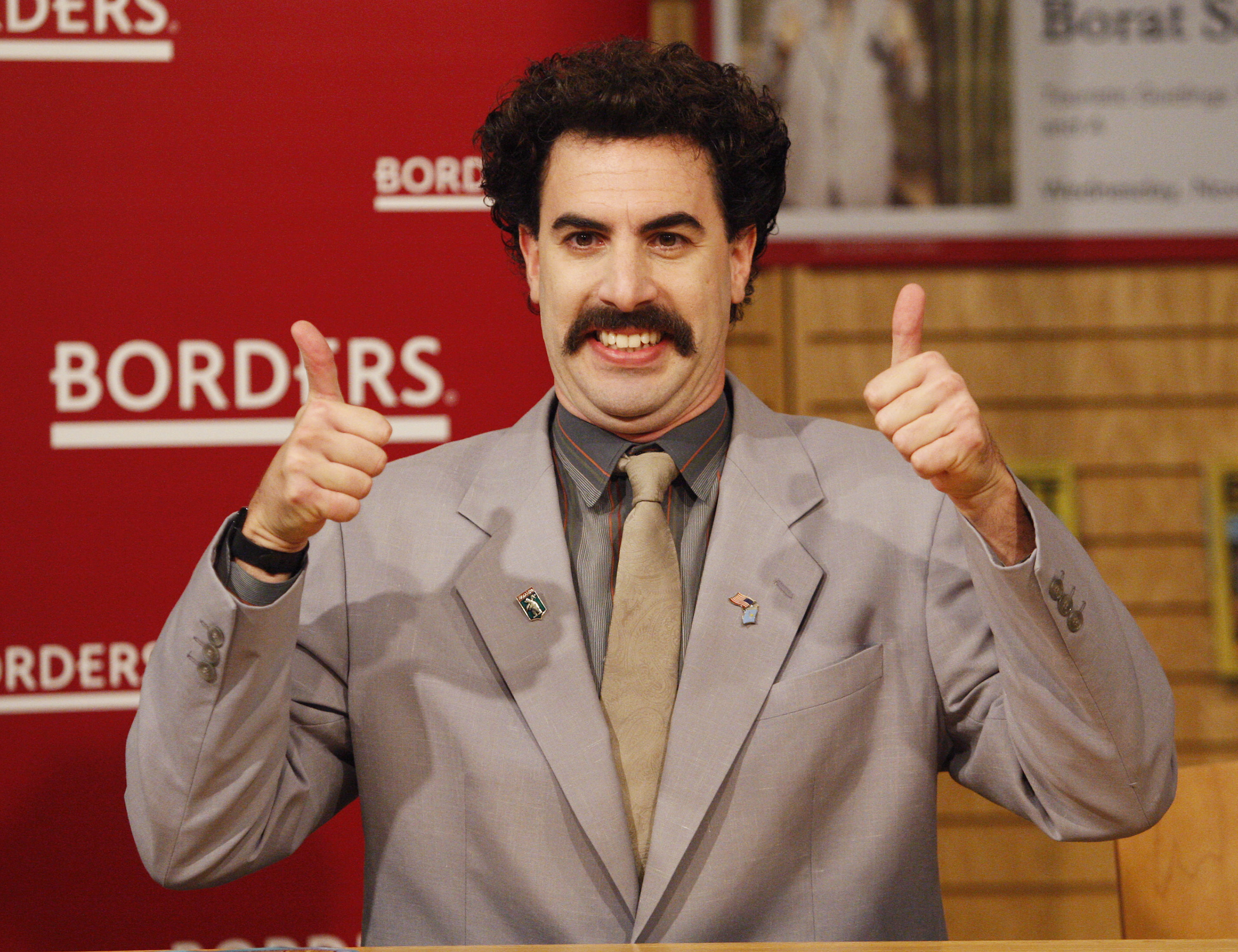 Borat Sagdiyev, played by actor Saha Baron Cohen, attends a signing for his new book "BORAT: Touristic Guidings to Minor Nation of U.S. and A. and Touristic Guidings to Glorious Nation of Kazakhstan"  on November 7, 2007 in Los Angeles. (Vince Bucci&mdash;Getty Images)
