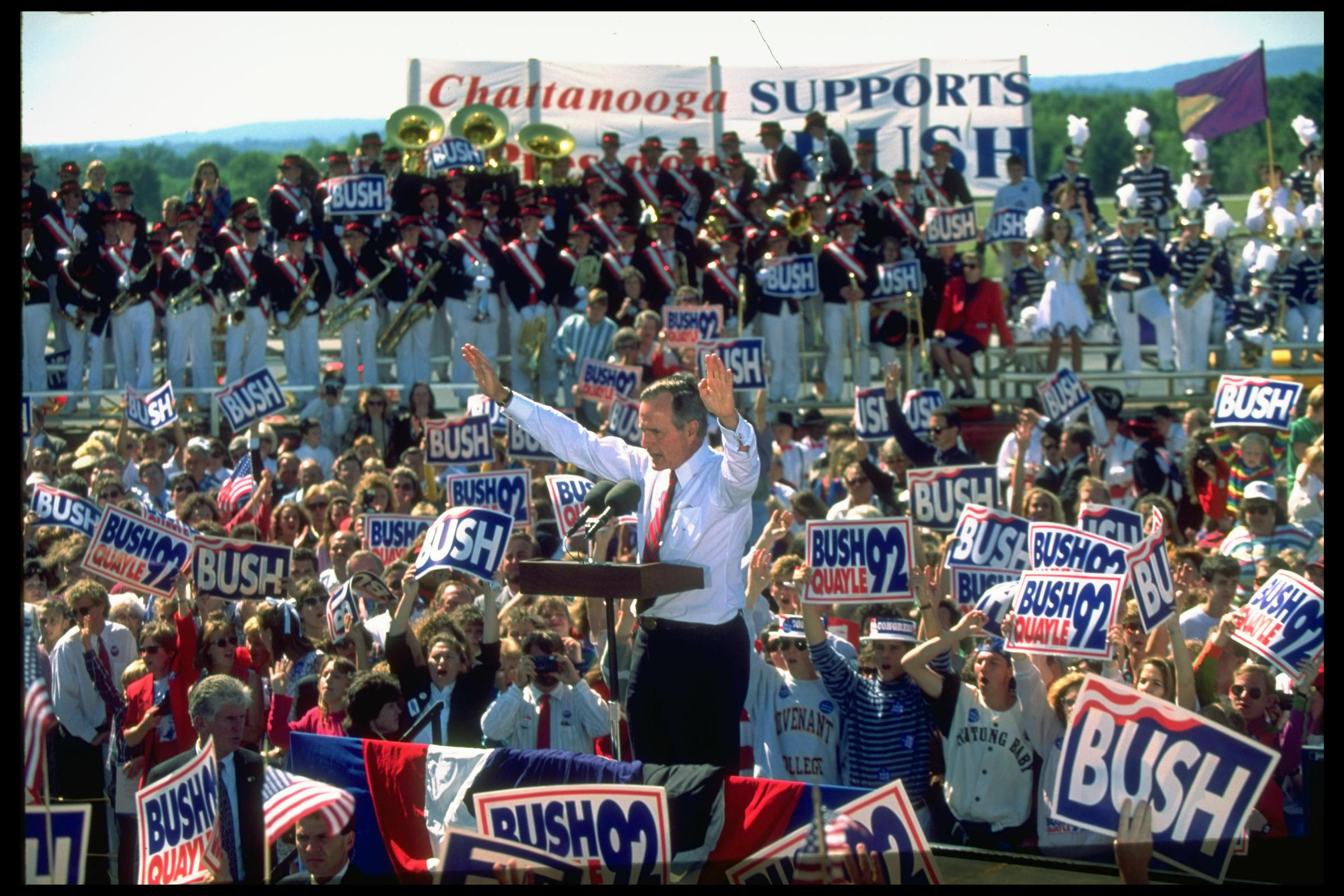 President George H.W. Bush addressing a crowd at a campaign rally on September 29, 1992.