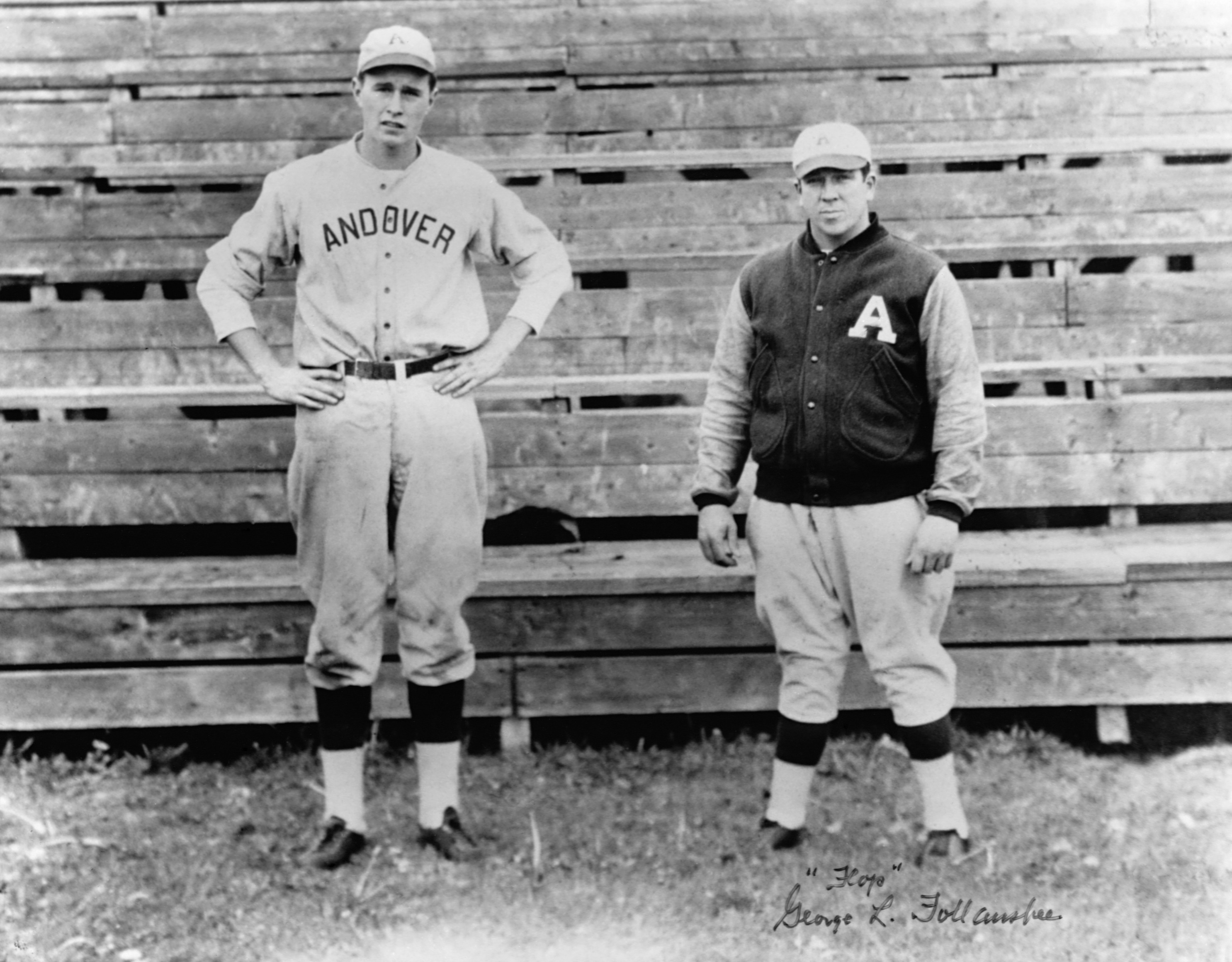 A portrait of an adolescent George H.W. Bush and a teammate in their baseball uniforms. Bush was the captain of the baseball team at Phillips Academy, where he attended from 1937 to 1942.