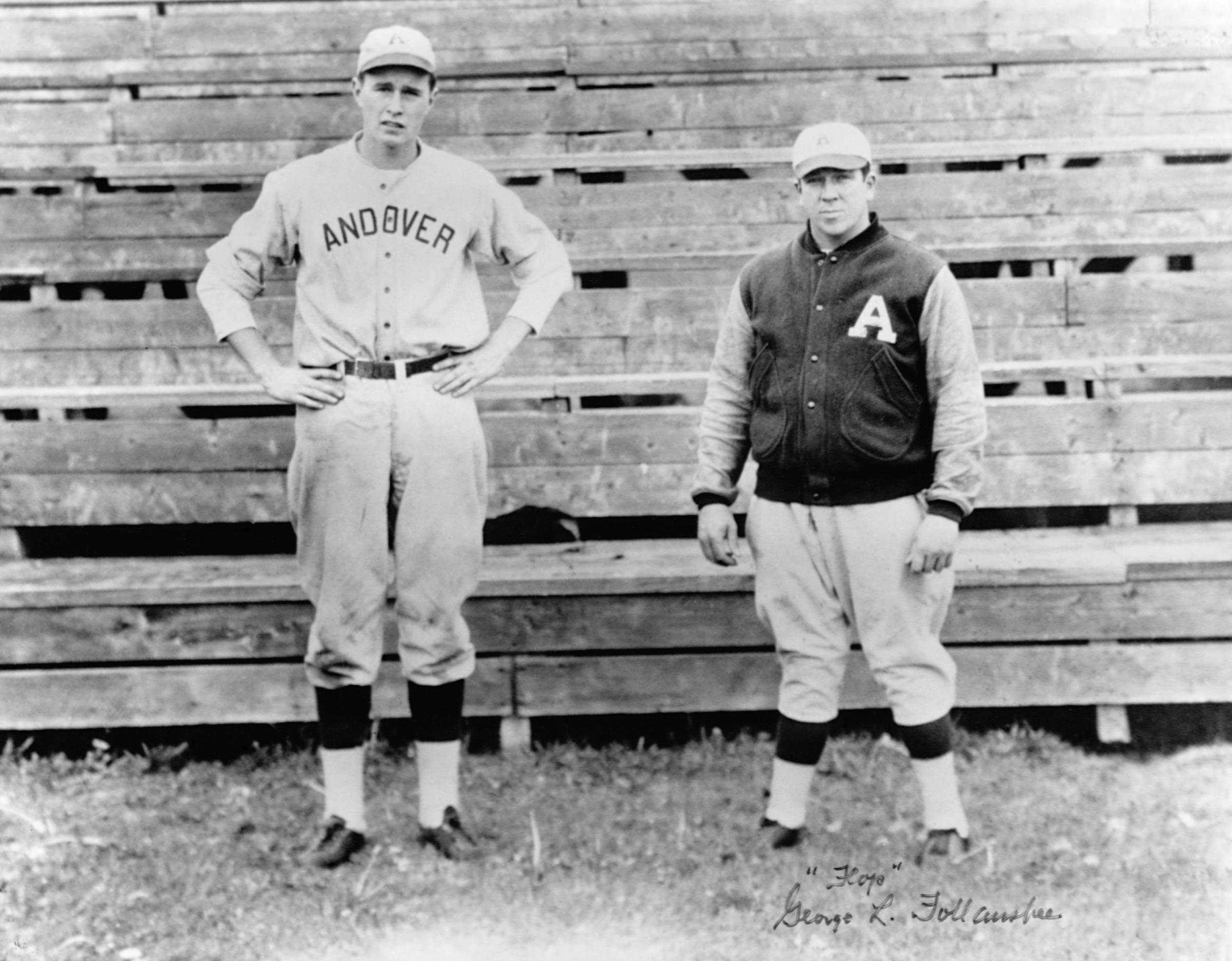 A portrait of an adolescent George H.W. Bush and a teammate in their baseball uniforms. Bush was the captain of the baseball team at Phillips Academy, where he attended from 1937 to 1942.