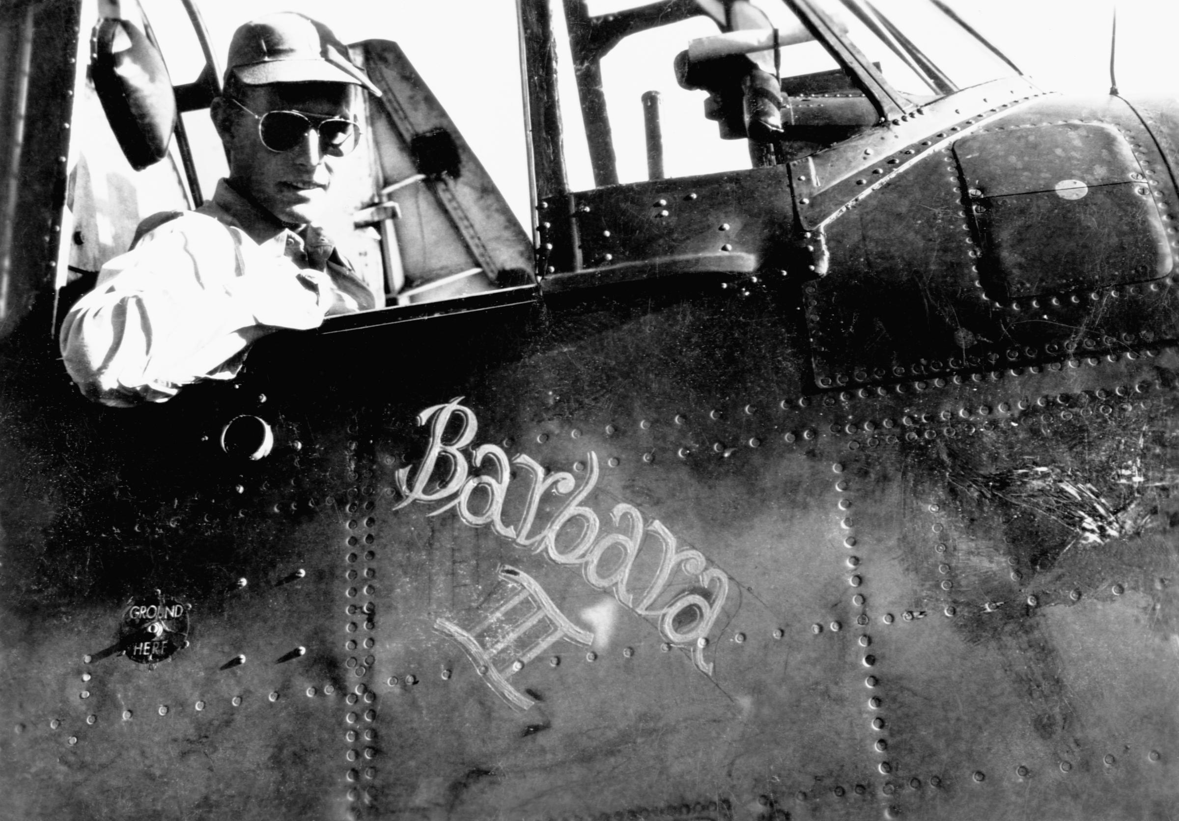 U.S. Navy pilot George H.W. Bush sits in the cockpit of his torpedo bomber "Barbara III", named after his girlfriend and future wife Barara Pierce. Bush was in the navy from 1943-1945.
