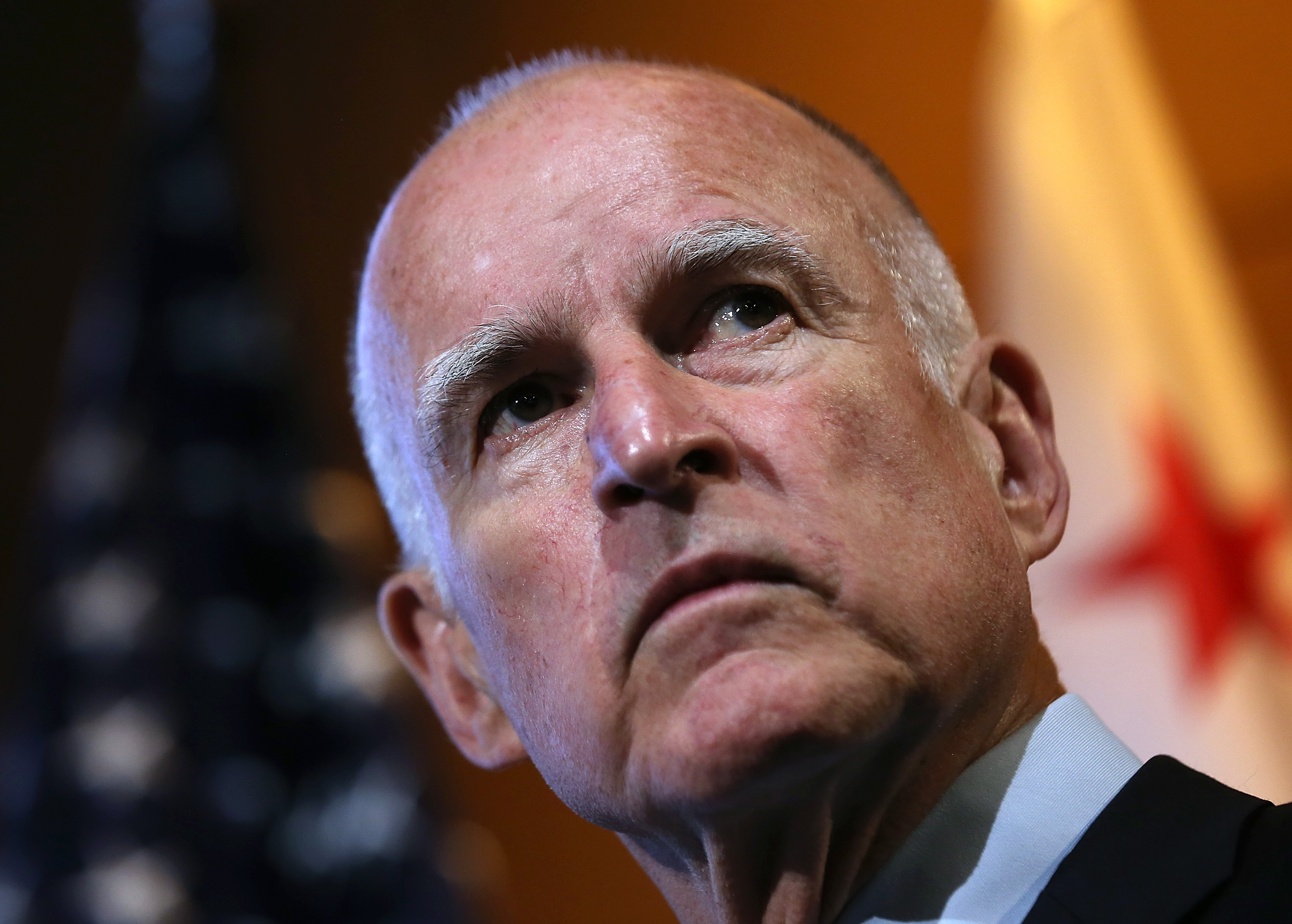 California Gov. Jerry Brown looks on during a news conference at Google headquarters on September 25, 2012. (Justin Sullivan&mdash;Getty Images)