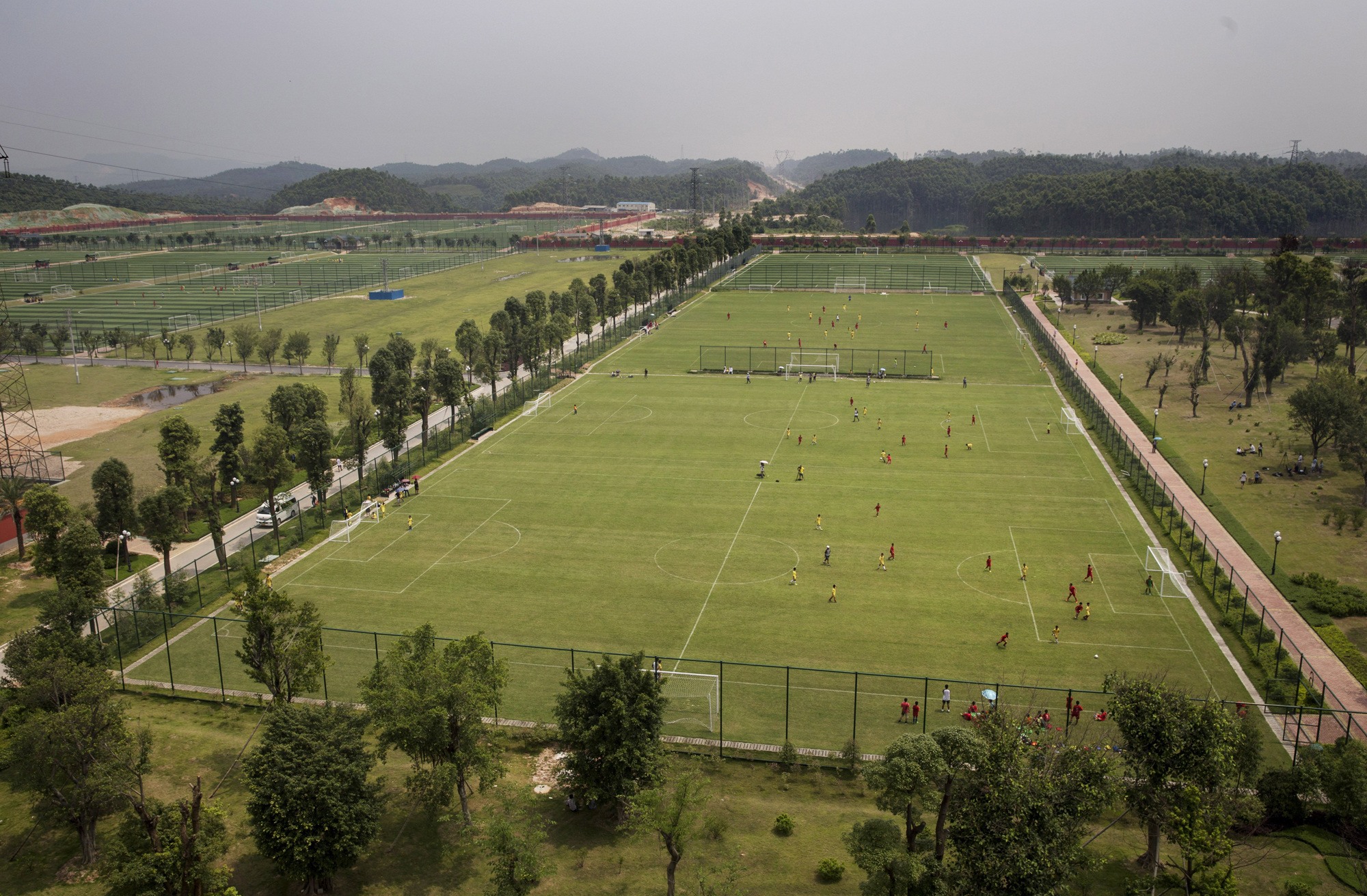 A view of some of the 50 pitches at the at the Evergrande International Football School on June 14 near Qingyuan in Guangdong Province.
