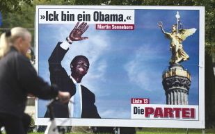 The satyrical "Die Partei" (The Party) party featuring candidate Martin Sonneborn made to look like US President Barack Obama, in Berlin September 16, 2011, ahead of regional elections. (John MacDougall/Getty Images)