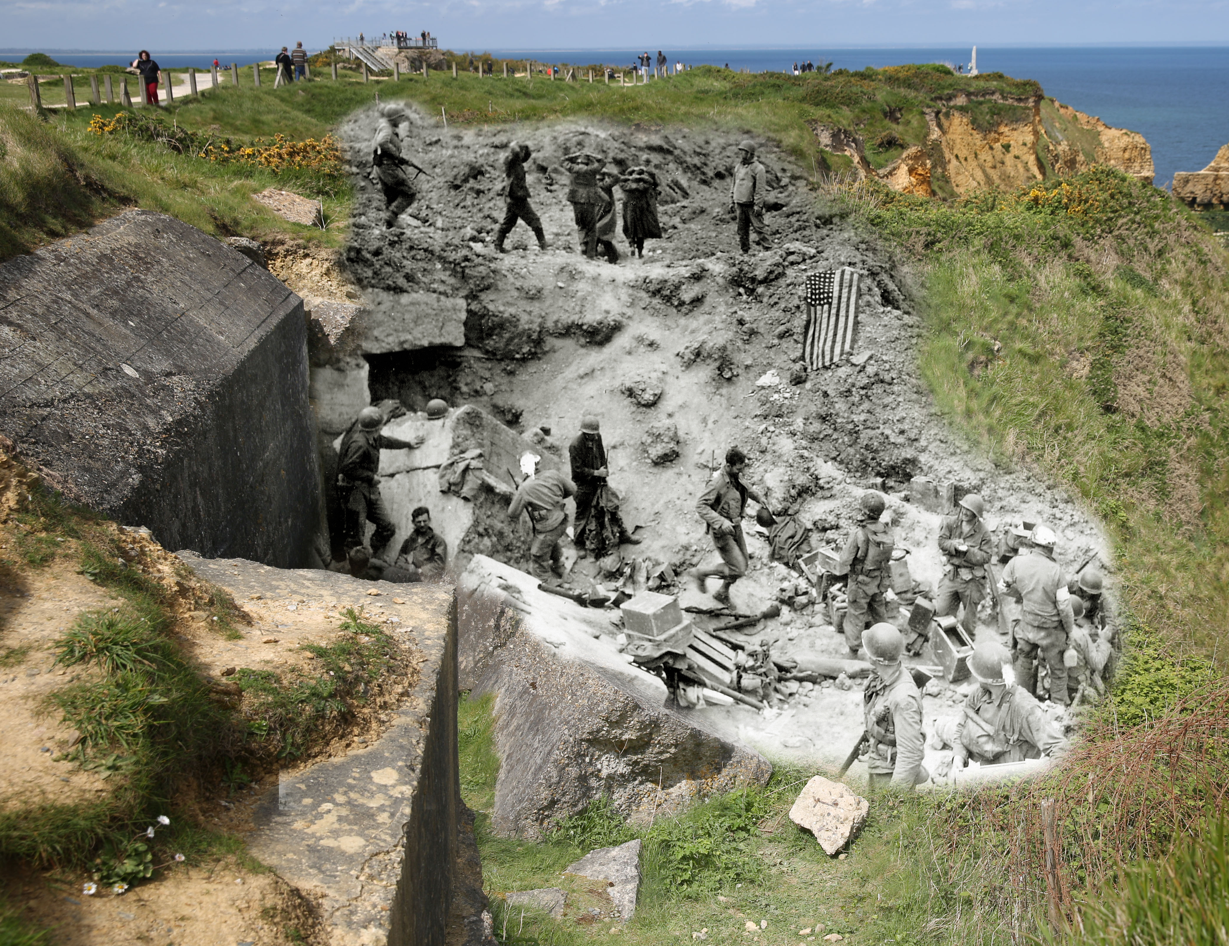A view of the cliffs on May 6, 2014 in Pointe du Hoc, France. Overlay: After the assault at the cliffs of Pointe du Hoc by the 2nd Ranger Battalion (D, E and F Company) Colonel James E. Rudder establishes a Post Commando on June 1944.