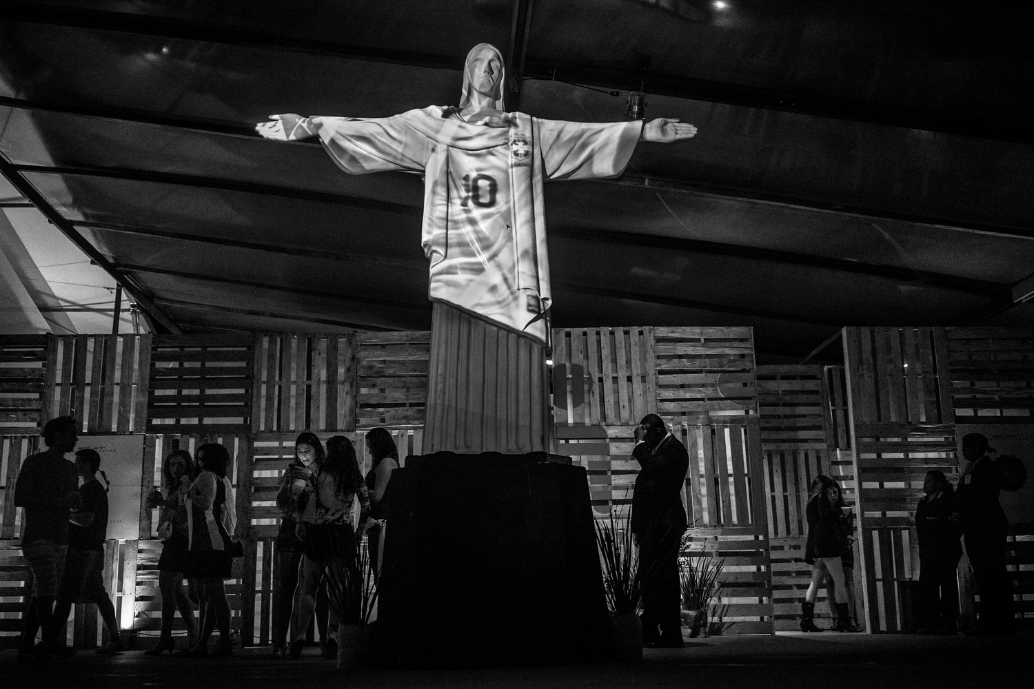 RIO DE JANEIRO, BRAZIL - MAY 2014: The Cristo Redentor, Rio´s most famous momunent, dress with the Brazilian soccer shirt during a night party. (Photo by Sebastián Liste/ Reportage by Getty Images)