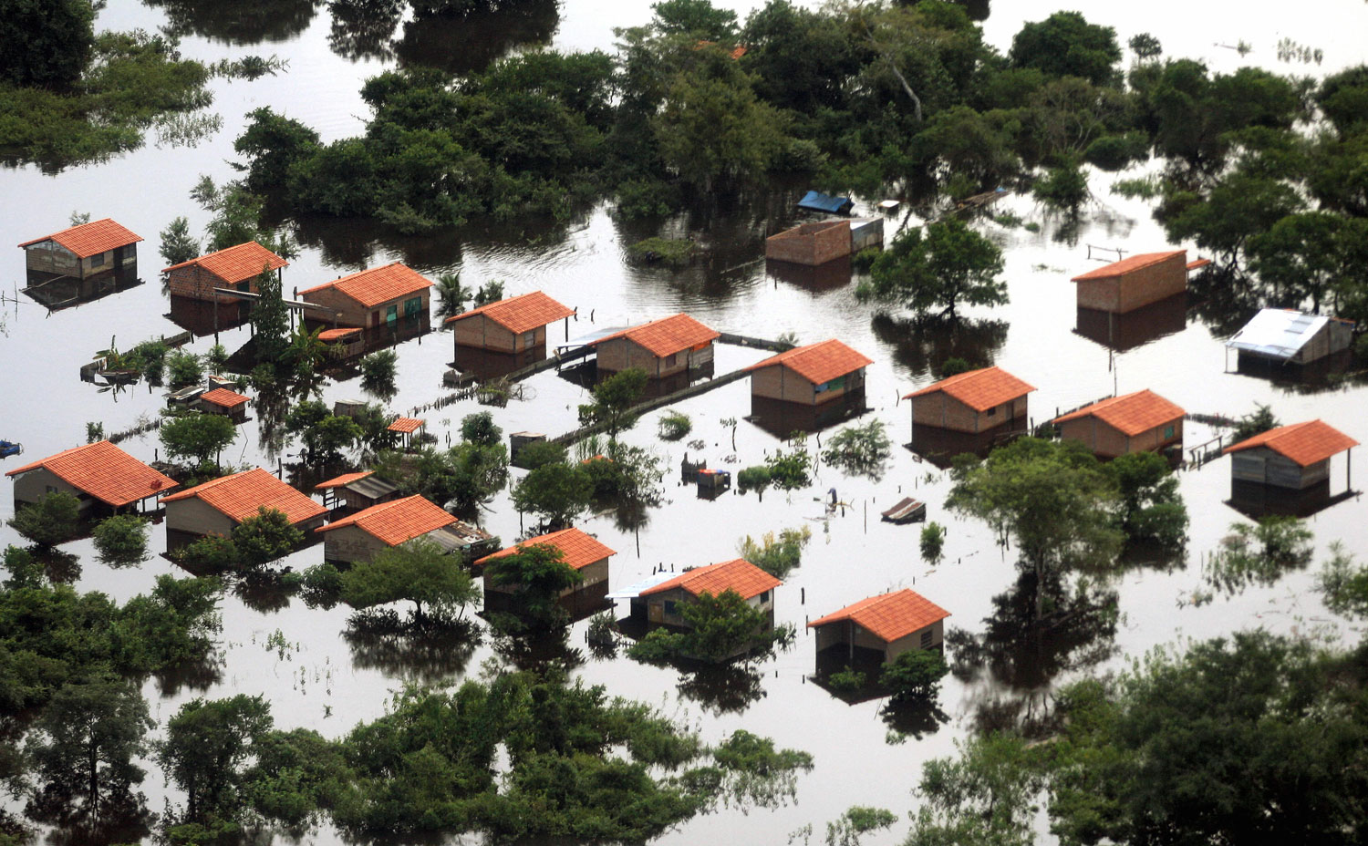 Aerial view of a flooded area in Trinidad, Beni, Bolivia on Feb. 24, 2007. Authorities say two months of rain and floods left 35 people dead, 10 unaccounted for, and affected hundreds of thousands of people. The disaster, blamed on the 
