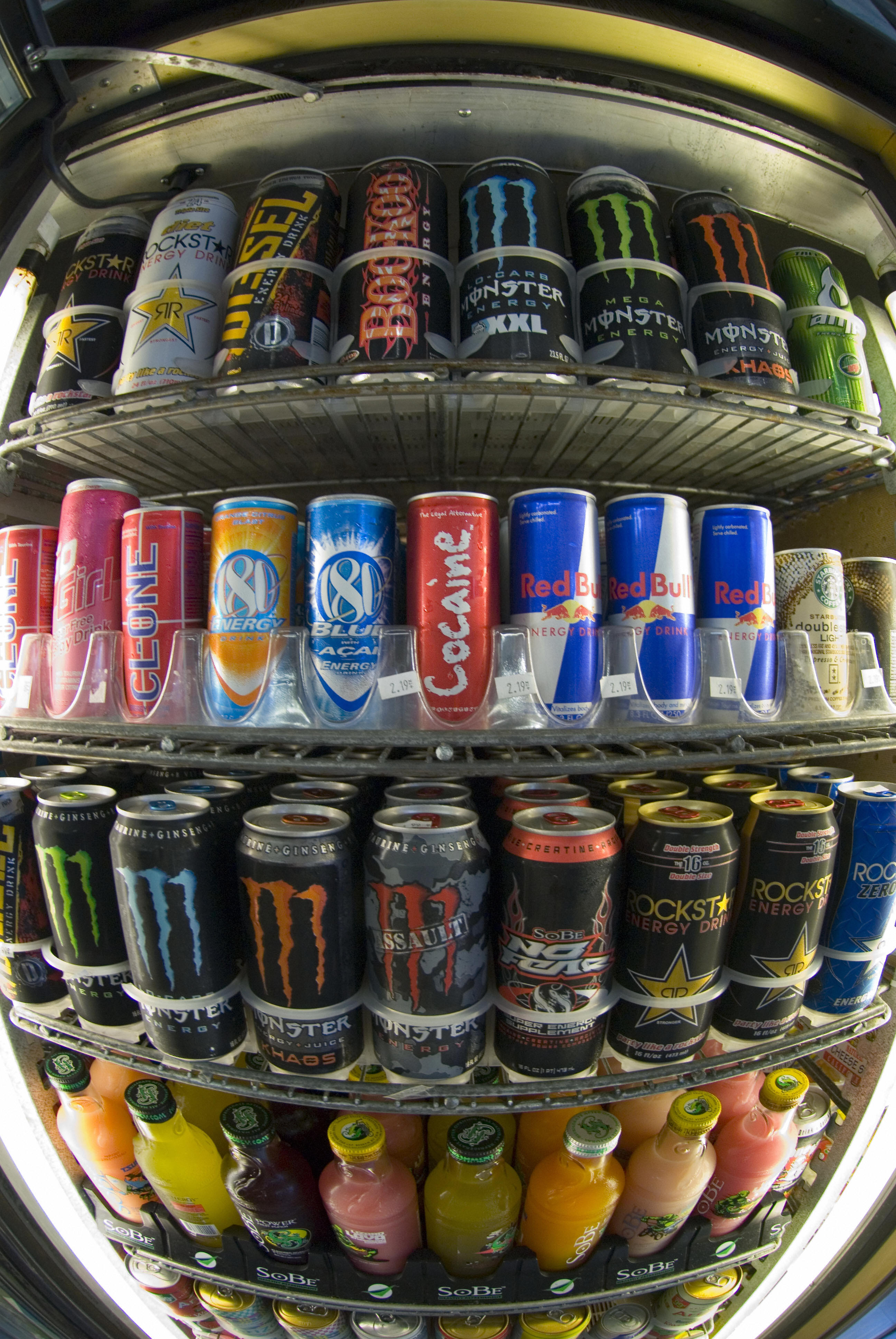 Cans of energy drinks are displayed in a store in San Diego on November 10, 2006. (AFP/Getty Images)