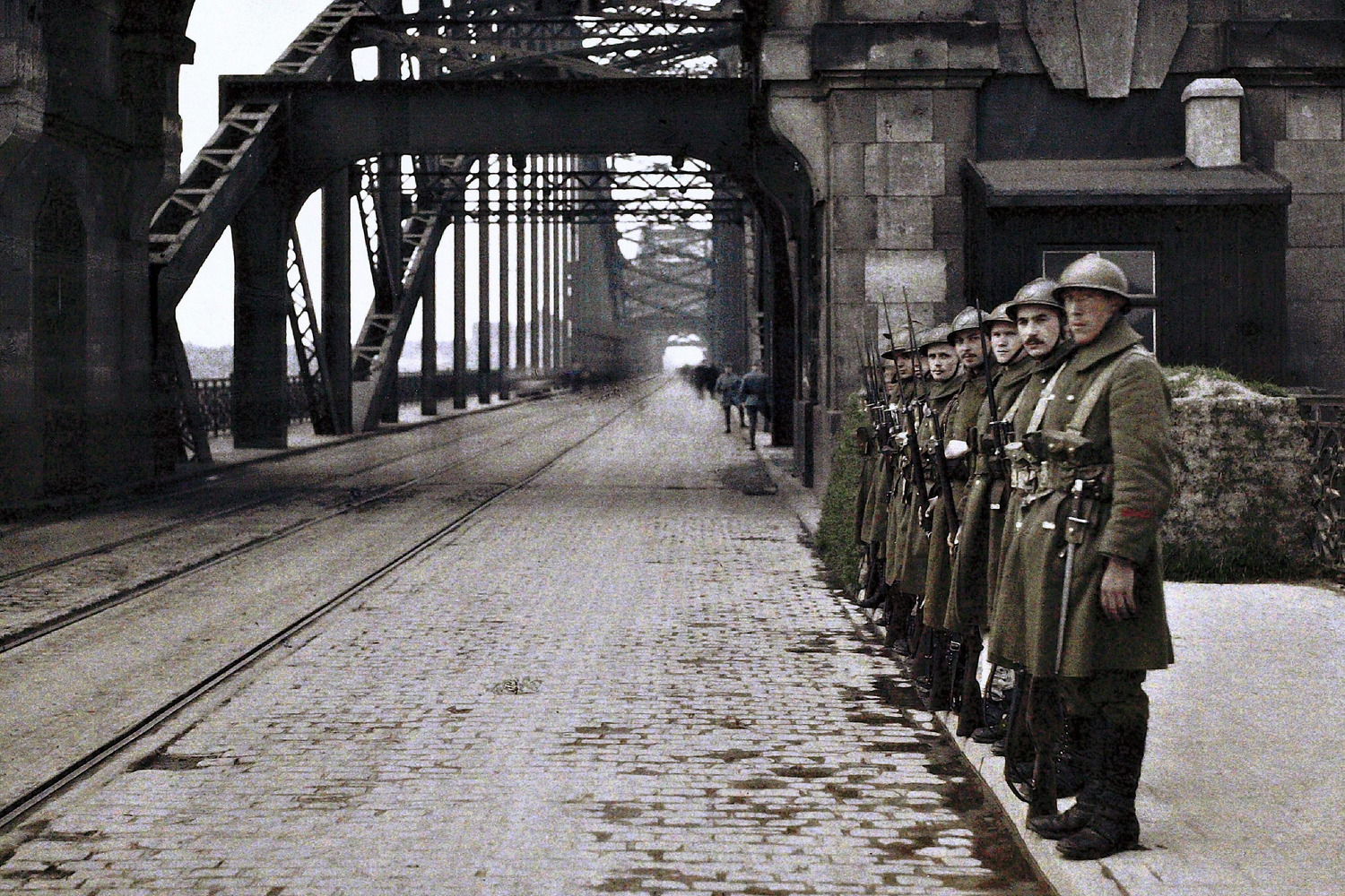 Belgian soldiers guarding a bridge after the beginning of the occupation of the Demilitarized 
                              Zone in the Rhineland carried out by Belgian and French troops,
                              Germany, 1921.