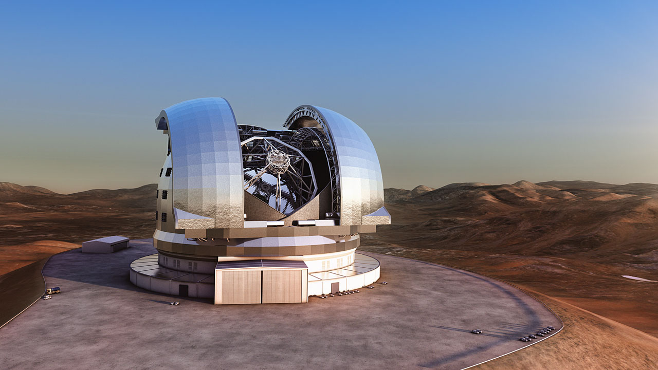 Artist's impression of the European Extremely Large Telescope (E-ELT) in its enclosure on Cerro Armazones, a 3060-metre mountaintop in Chile's Atacama Desert. 