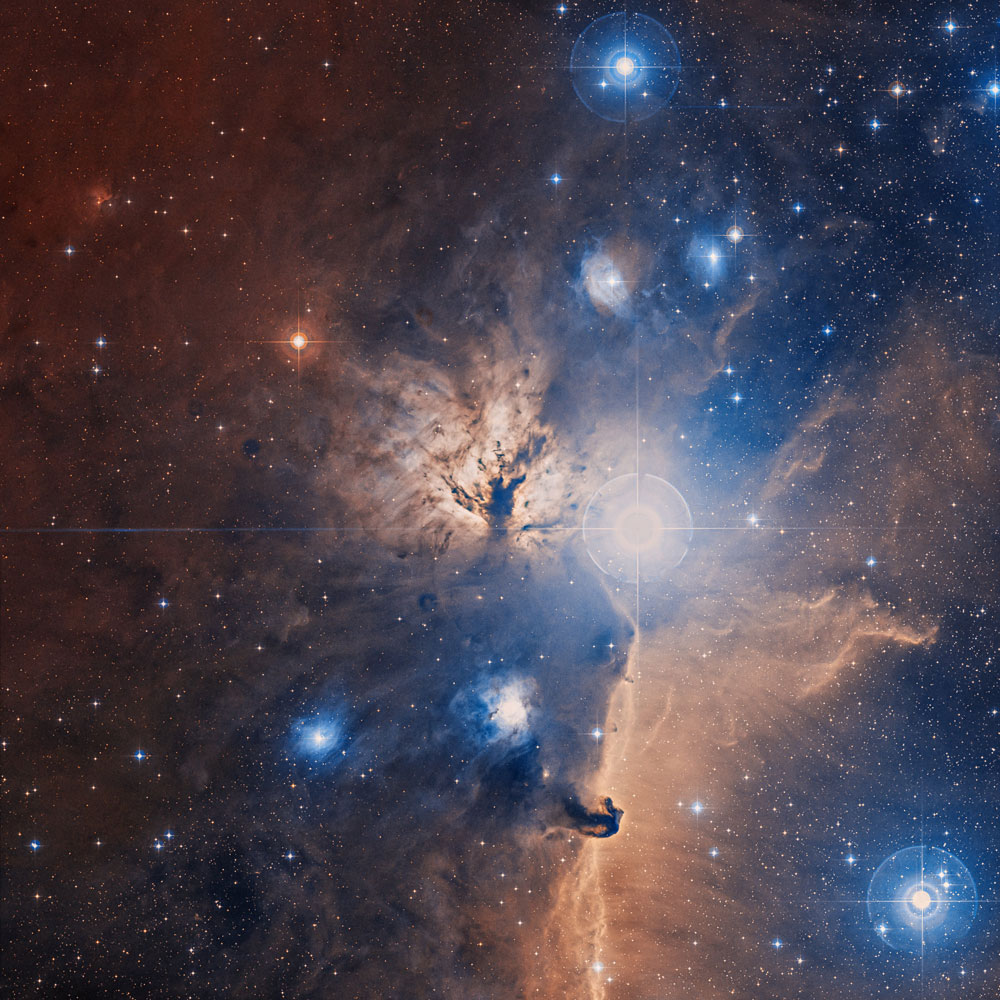An optical image of a large field centered on the Flame Nebula released on May 7, 2014.