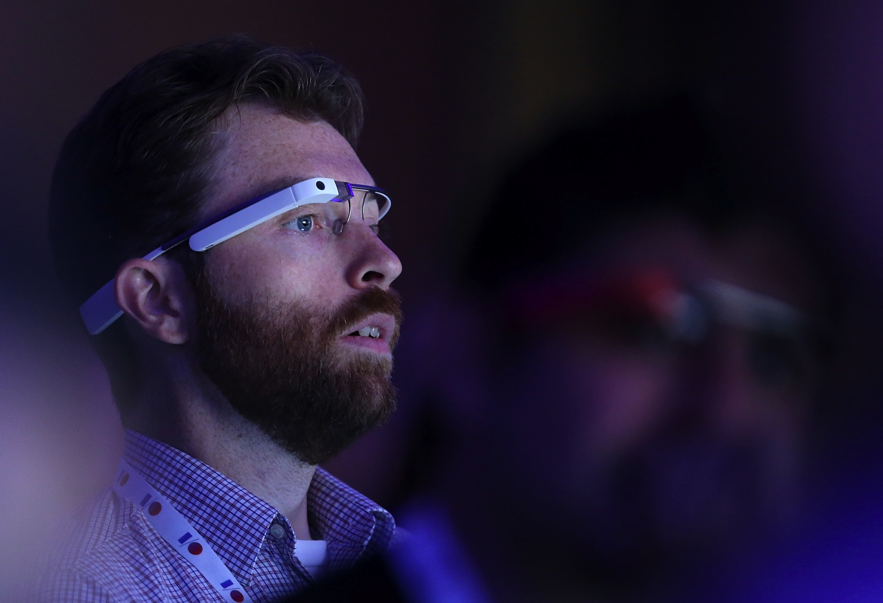 A man wearing Google Glass during the opening keynote at the Google I/O developers conference on May 15, 2013 in San Francisco, Calif. (Justin Sullivan / Getty Images)