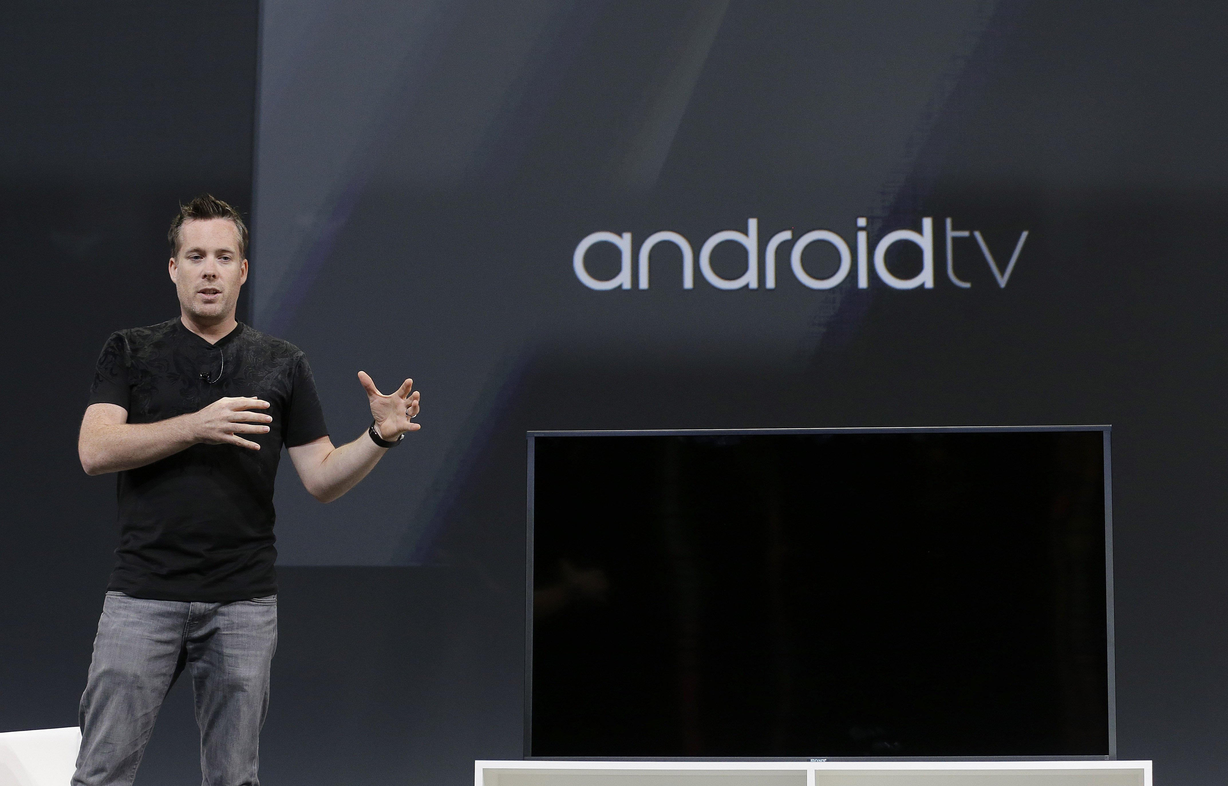 Dave Burke, director of engineering at Android, speaks about Android TV during the Google I/O 2014 keynote presentation in San Francisco on  June 25, 2014. 