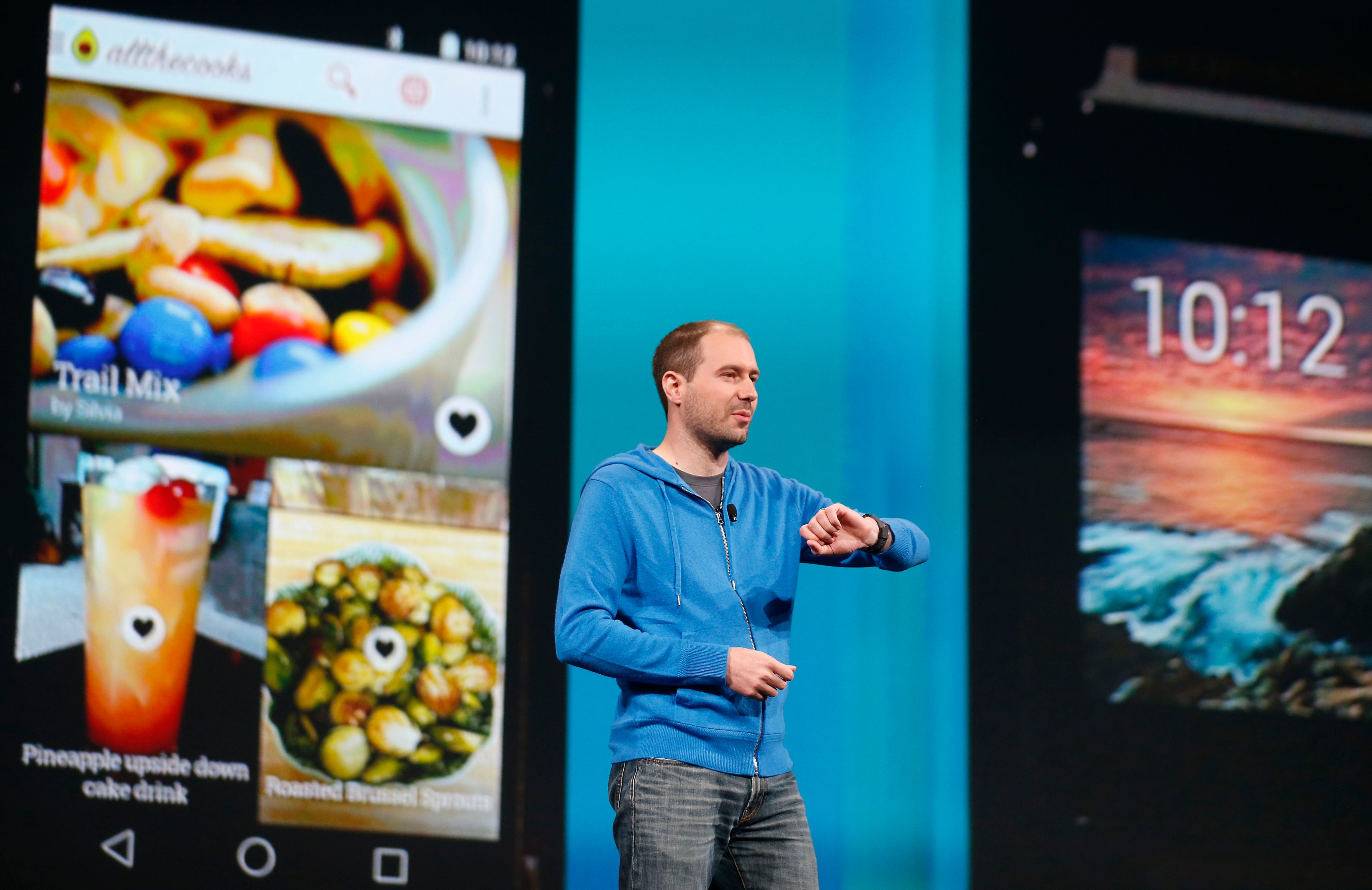 David Singleton, Director of Engineering at Android, introduces LG G Watch during the Google I/O keynote at the the Moscone Center, on Wednesday, June 25, 2014, in San Francisco. (Jed Jacobsohn—LG Electronics/AP)