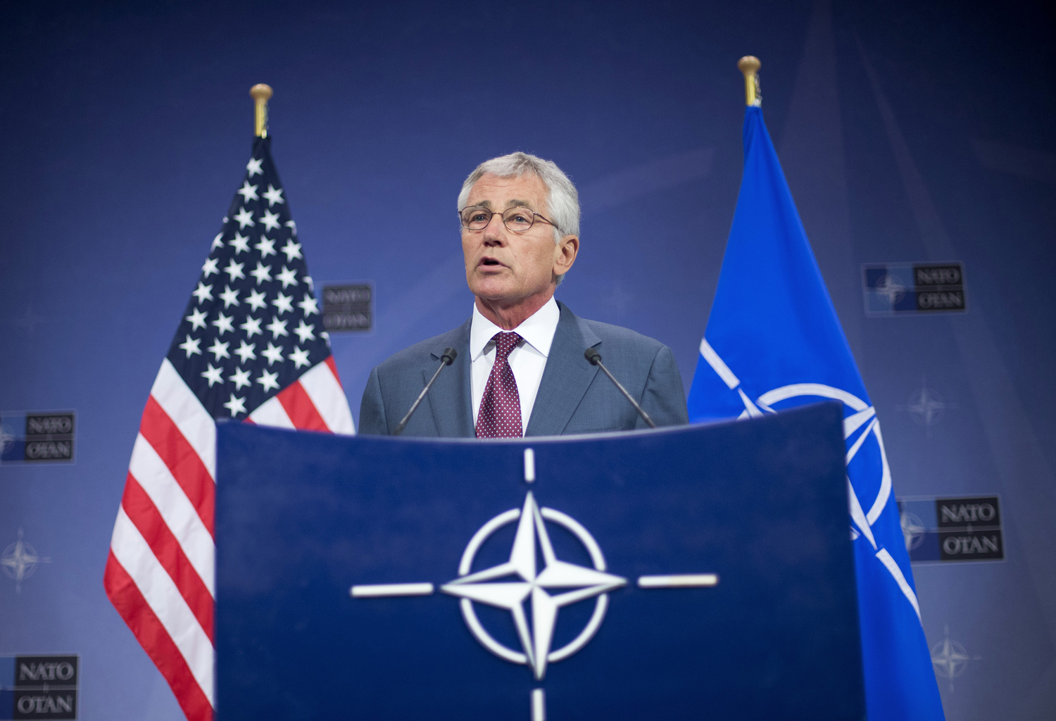 U.S. Defense Secretary Hagel speaks during a news conference at the end of a meeting of the North Atlantic Council in Brussels