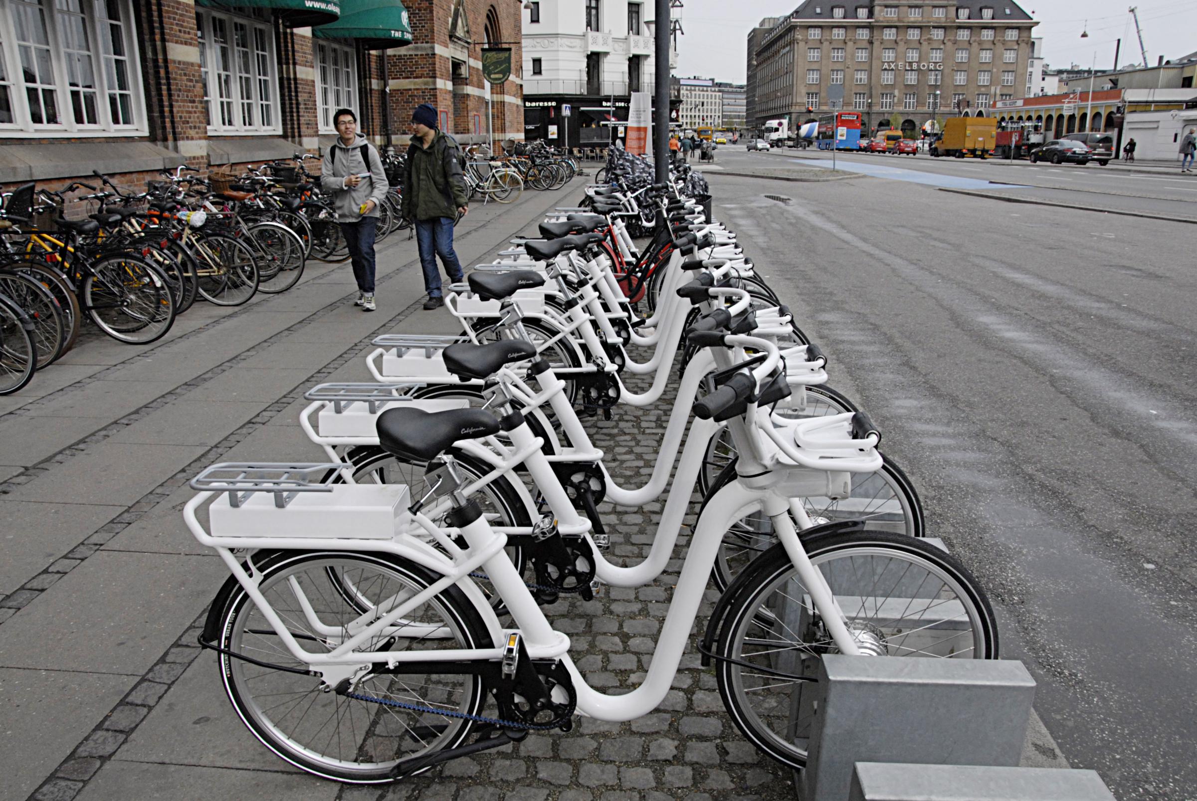 City electric bikes are for rent for visitors at central station on April 24, 2014 in Copenhagen.