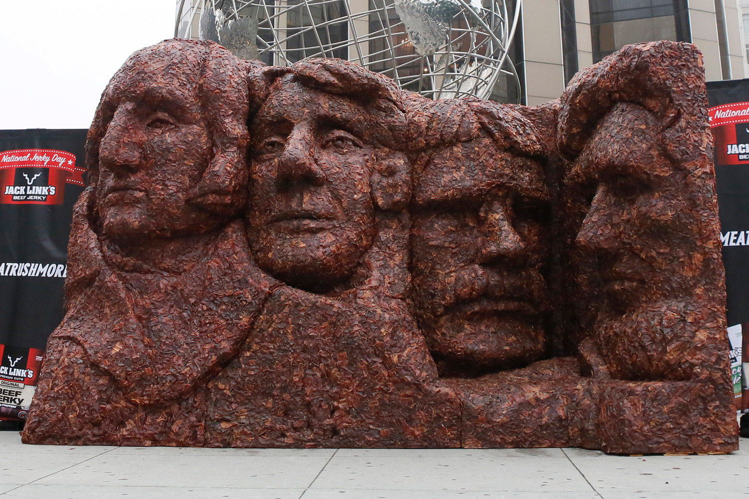Jack Link’s debuts Meat Rushmore, a 13-foot tall, 17-foot wide meat replica of Mount Rushmore National Memorial, on display Thursday, June 12, 2014, in New York City's Columbus Circle. (Stuart Ramson / Invision for Jack Link's / AP)