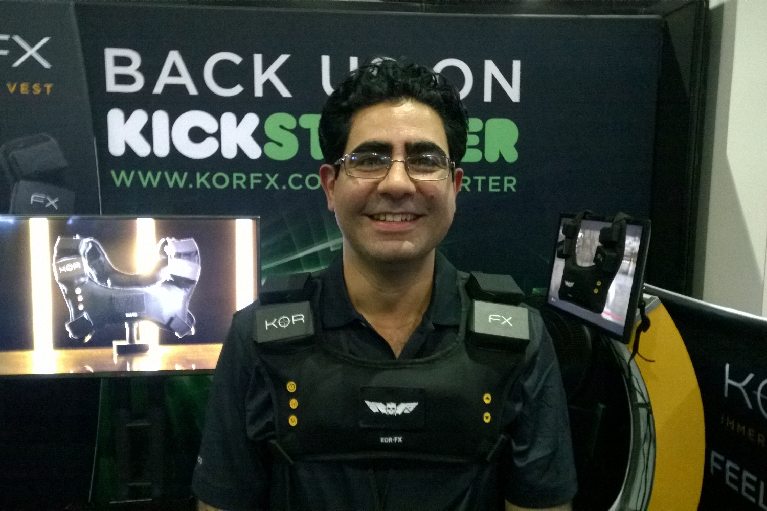 Shahriar Afshar, President and Founder of Immerz, wears the KOR-FX haptic gaming vest at E3 2014. (Jared Newman for TIME)