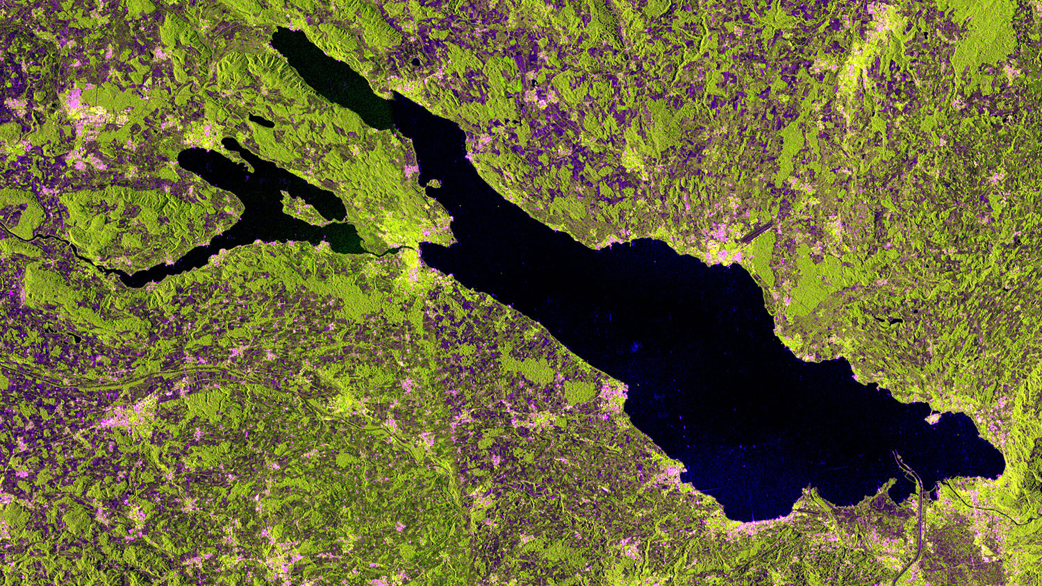 The freshwater Lake Constance in Central Europe captured by the Sentinel-1A satellite on May 10, 2014. Formed by the Rhine Glacier during the last Ice Age, it covers an area of about 540 sq km and is an important source of drinking water for southwestern Germany.
