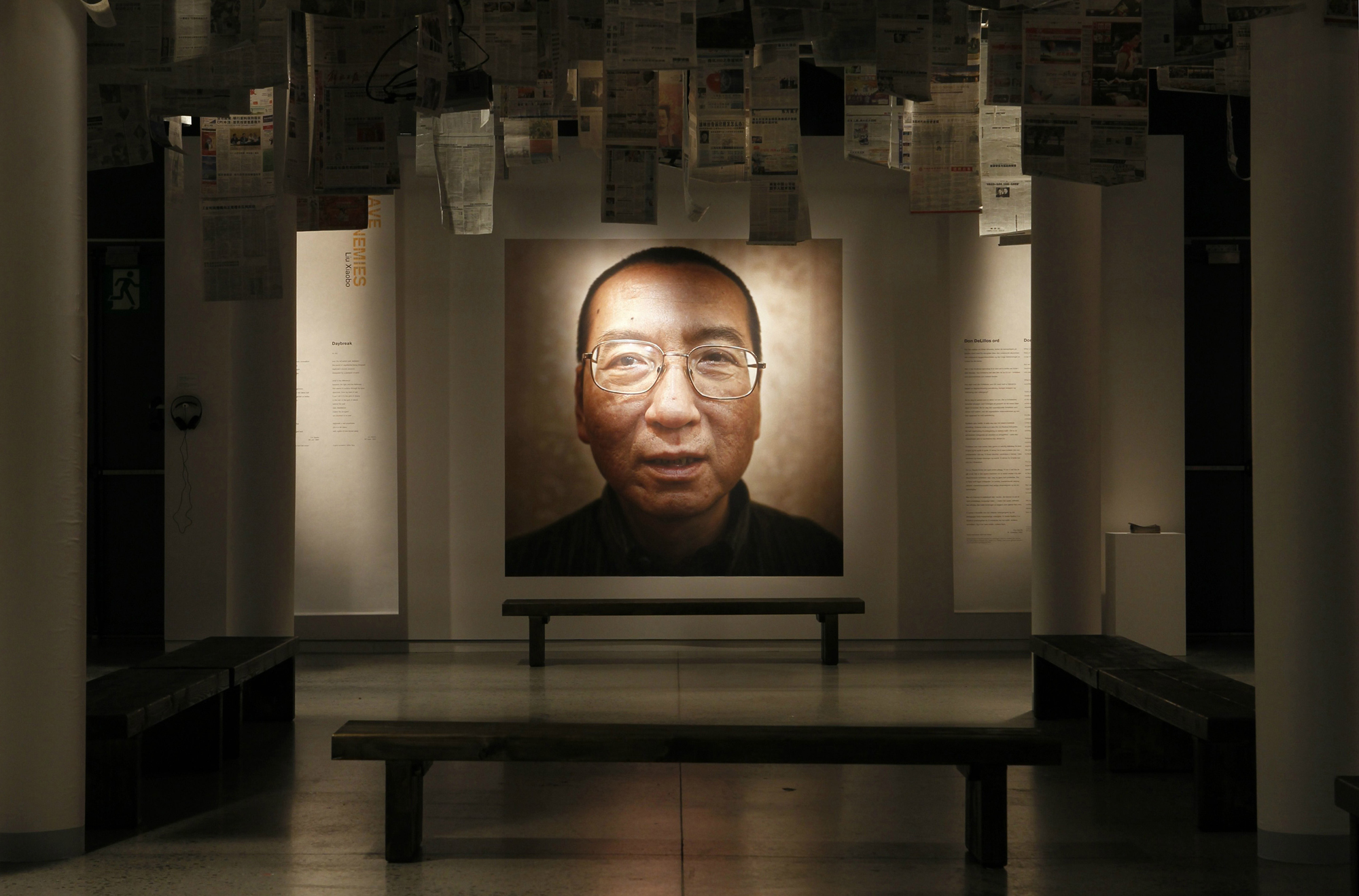 A picture of 2010 Nobel Peace Laureate Liu Xiaobo is seen at an exhibition at the Nobel Peace Center in Oslo in 2010. (Berit Roald—Scanpix Norway/Reuters)
