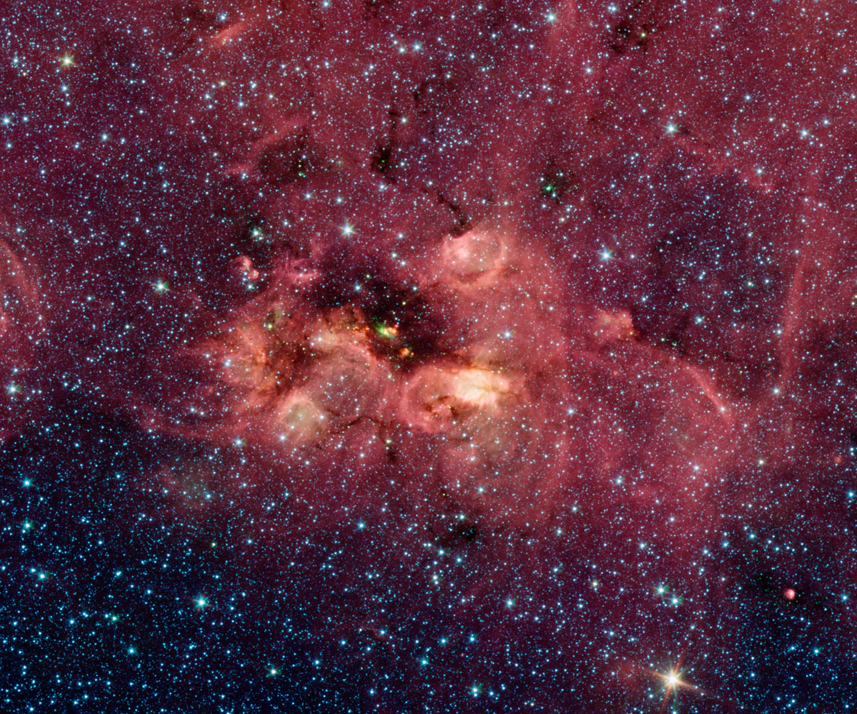 A star formation region which was discovered by one of Spitzer's Twitter followers searching through the GLIMPSE360 panorama of the Milky Way galaxy. This image, released on May 15, 2014, is a tiny portion of the vast 20 gigapixel GLIMPSE360 panorama.