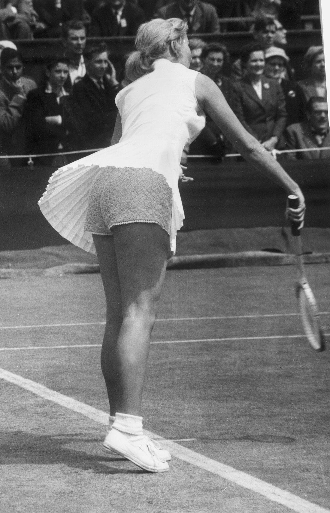 In 1958 Karol Fageros was banned when she showed up for her match wearing gold lame undergarments. She was allowed back when she covered the undergarments with white lace.