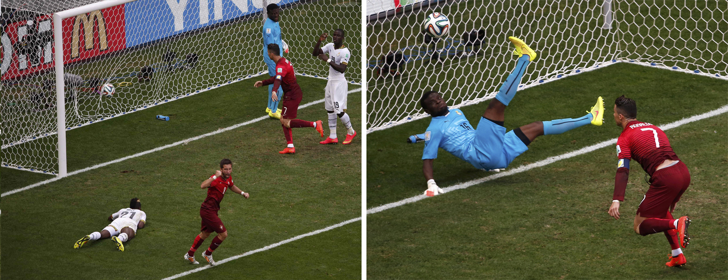 Meanwhile in the Portugal match...good news for the US...(R) Portugal's Cristiano Ronaldo watches the ball after Ghana's goalkeeper Fatau Dauda made a save. (L) Ghana's John Boye scores an own goal during the Group G match at the Brasilia national stadium in Brasilia Brazil on June 26, 2014.
