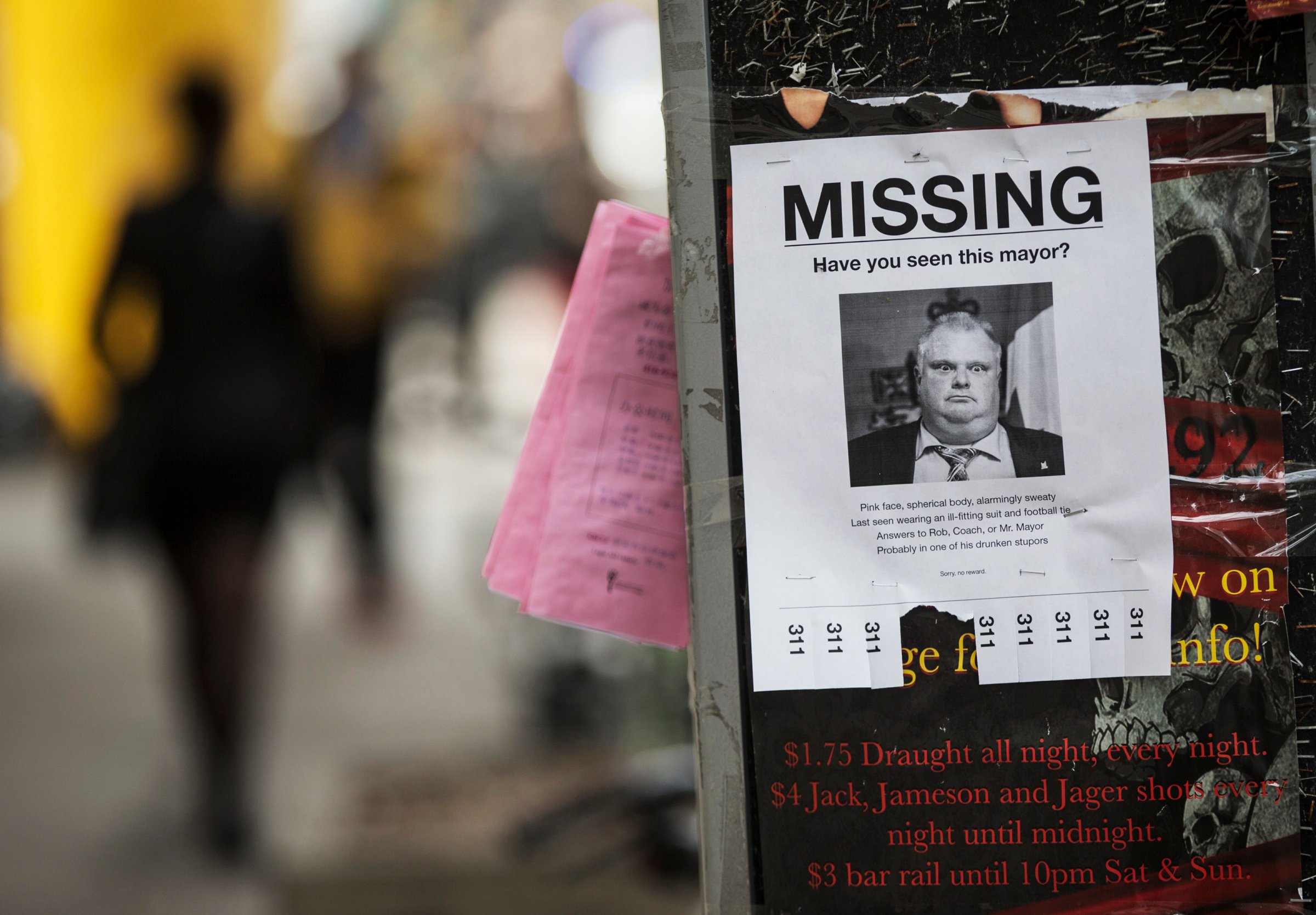 A mock "missing persons" poster with a picture of Toronto Mayor Ford is seen in Toronto